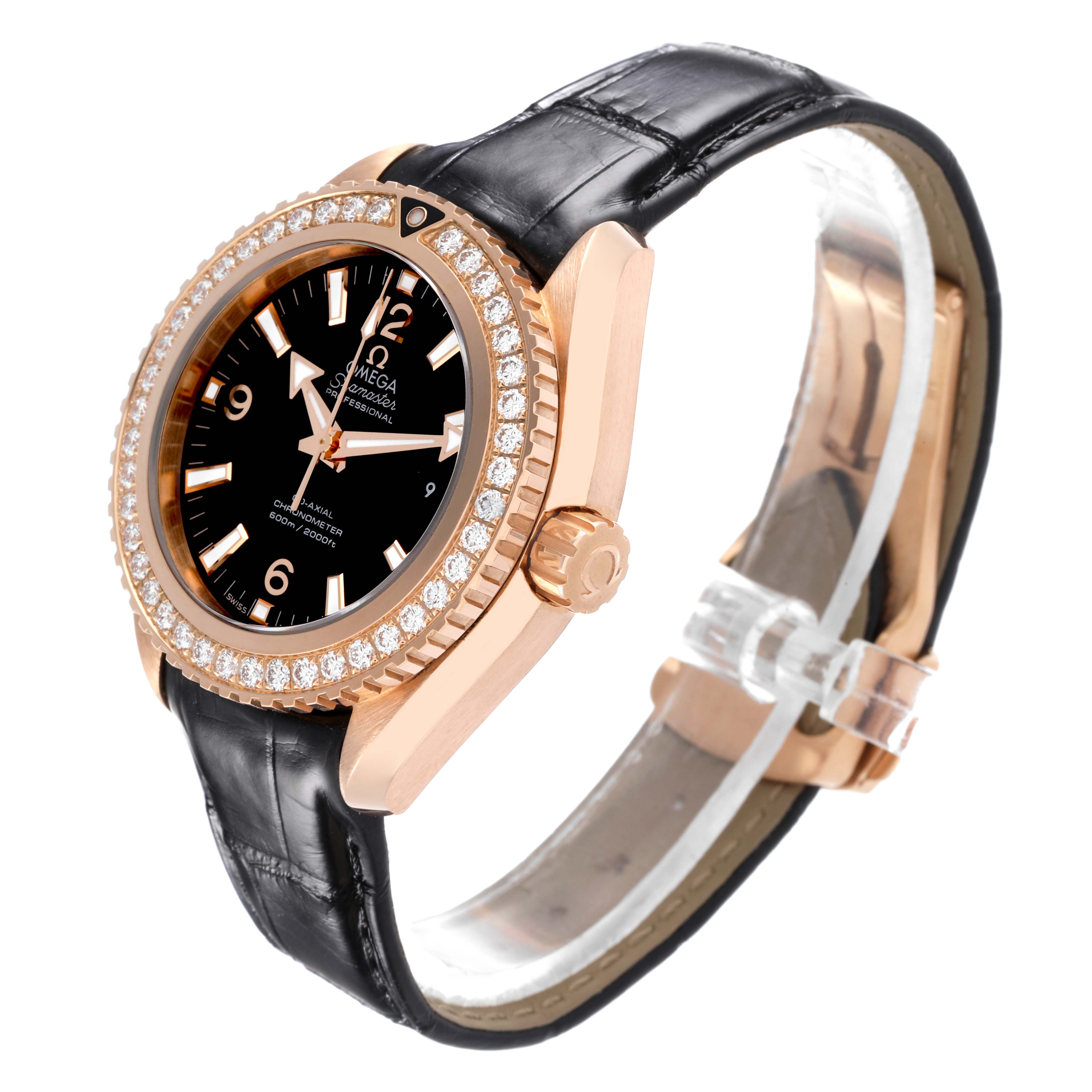 The Omega 232.58.38.20.01.001 Women
s Rose Gold Black Dial 232.58.38.20.01.001 Women
s Rose Gold Black Dial Seamaster Planet Ocean Rose Gold Diamond Watch is shown at a three-quarter angle, highlighting the case, bezel, and strap.