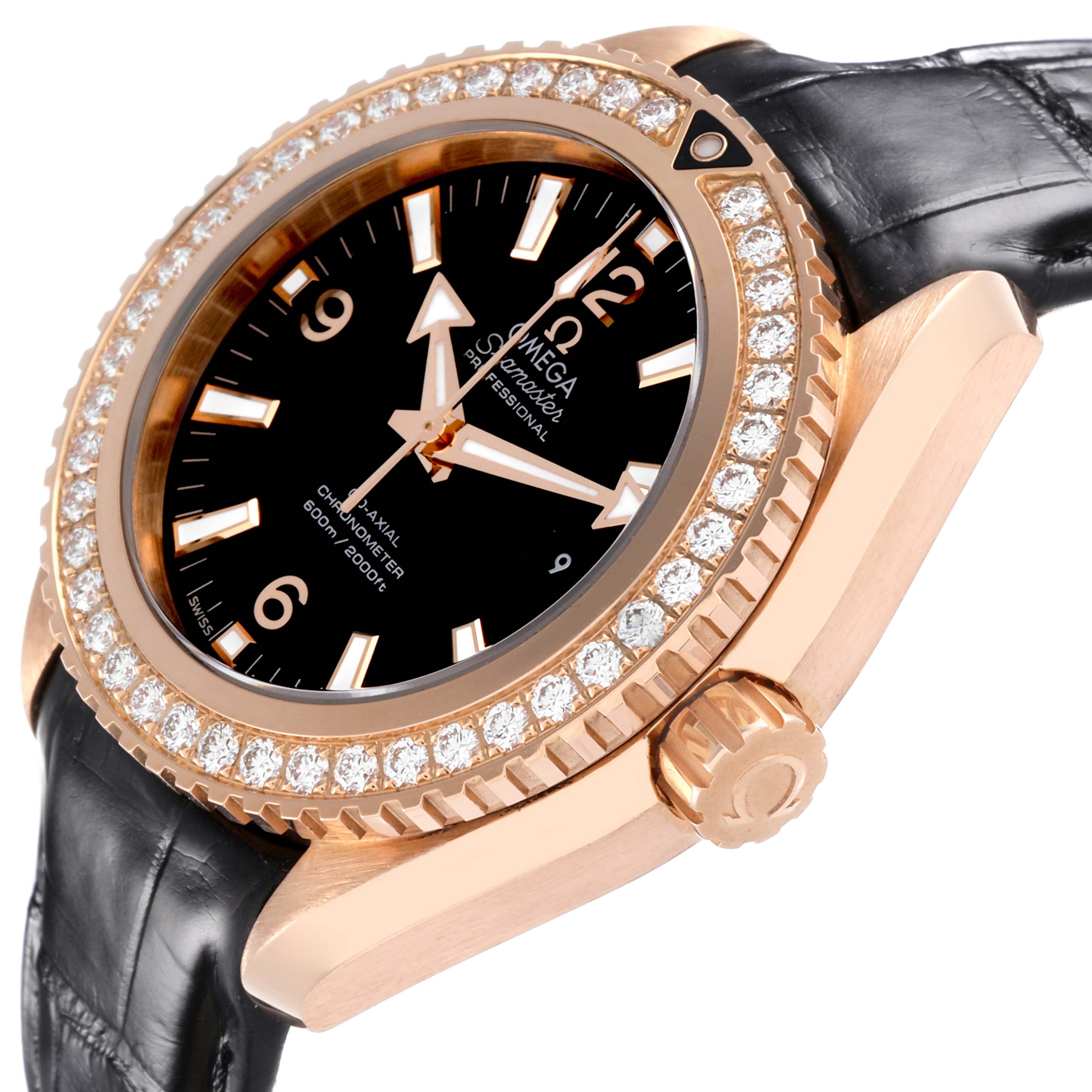 The Omega 232.58.38.20.01.001 Women
s Rose Gold Black Dial 232.58.38.20.01.001 Women
s Rose Gold Black Dial Seamaster Planet Ocean Rose Gold Diamond Watch is shown at an angled side view, highlighting the bezel, face, and crown.