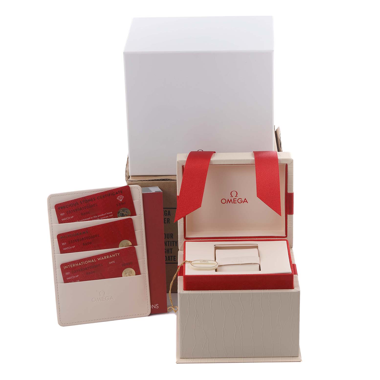 The image shows the Omega 232.58.38.20.01.001 Women
s Rose Gold Black Dial 232.58.38.20.01.001 Women
s Rose Gold Black Dial Seamaster Planet Ocean Rose Gold Diamond Watch 232.58.38.20.01.001 box, warranty cards, and packaging.