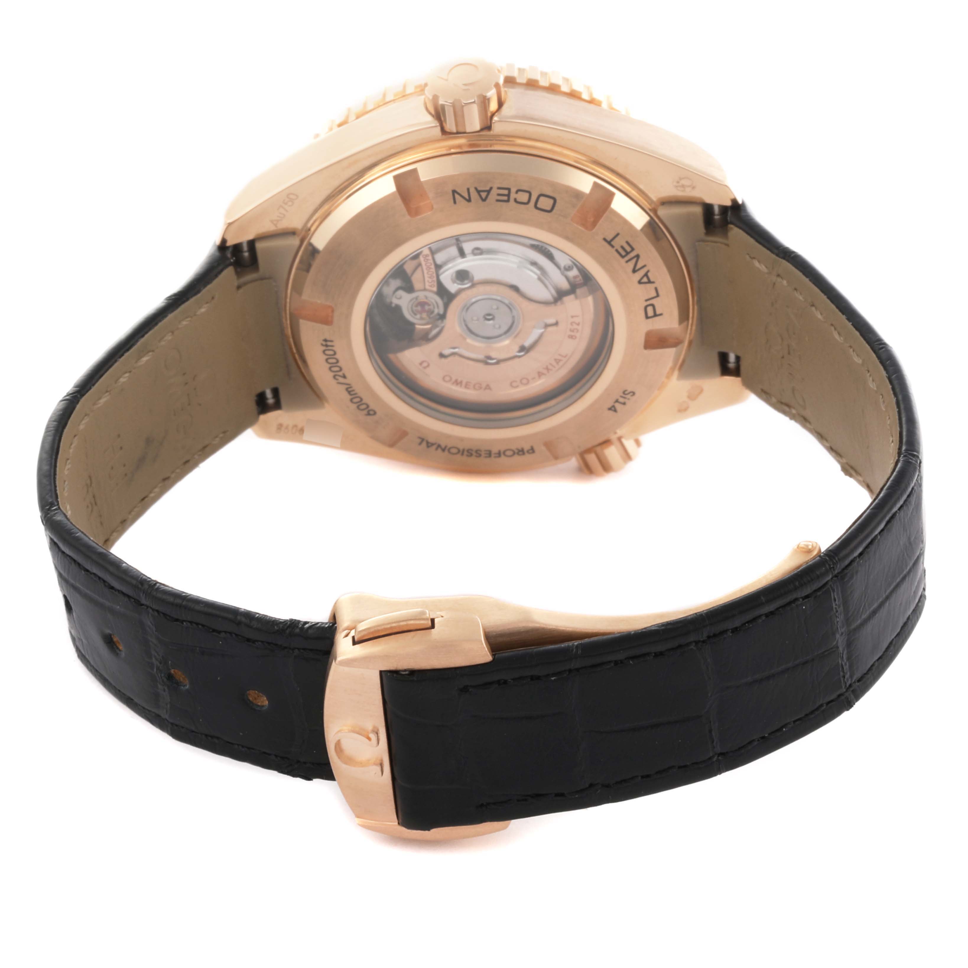 The image shows the back view of the Omega 232.58.38.20.01.001 Women
s Rose Gold Black Dial 232.58.38.20.01.001 Women
s Rose Gold Black Dial Seamaster Planet Ocean Rose Gold Diamond Watch, highlighting the clasp and case back.