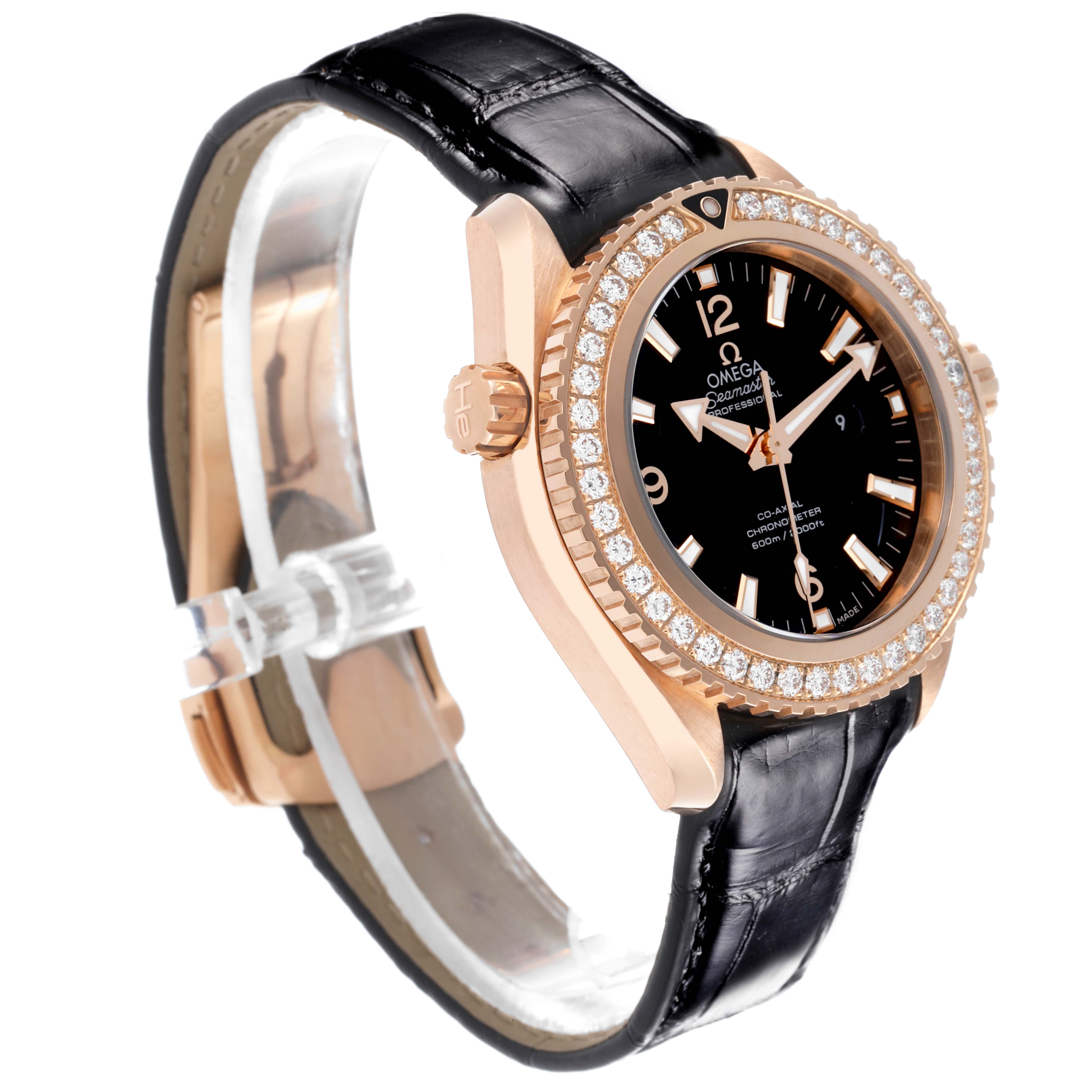 The Omega 232.58.38.20.01.001 Women
s Rose Gold Black Dial 232.58.38.20.01.001 Women
s Rose Gold Black Dial Seamaster Planet Ocean Rose Gold Diamond Watch is shown at a side angle, highlighting the case, bezel, and strap.