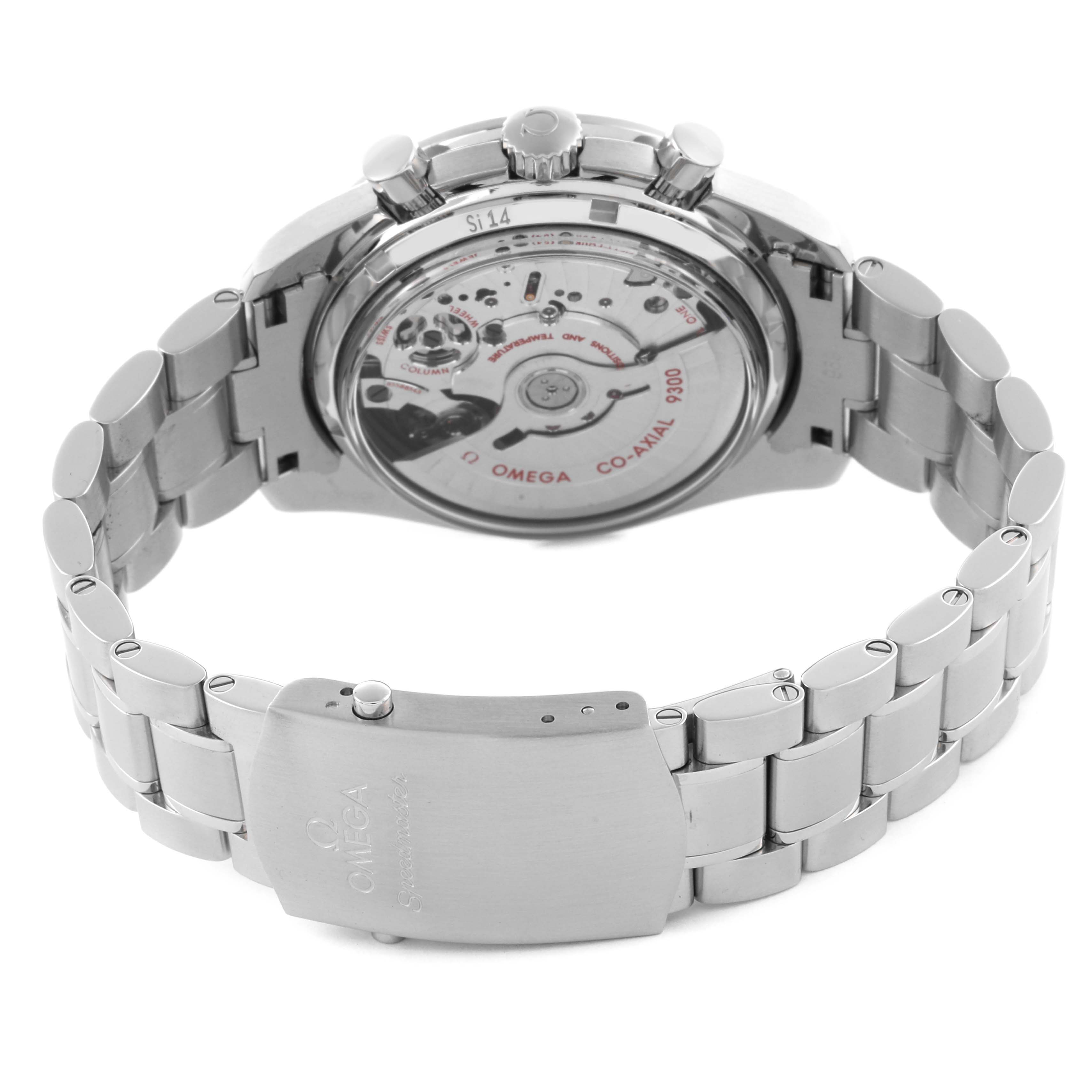 The image shows the back view of an Omega Seamaster 311.30.44.51.01.002 Men
s Stainless Steel Black Dial 311.30.44.51.01.002 Men
s Stainless Steel Black Dial, highlighting the open case back and stainless steel bracelet.