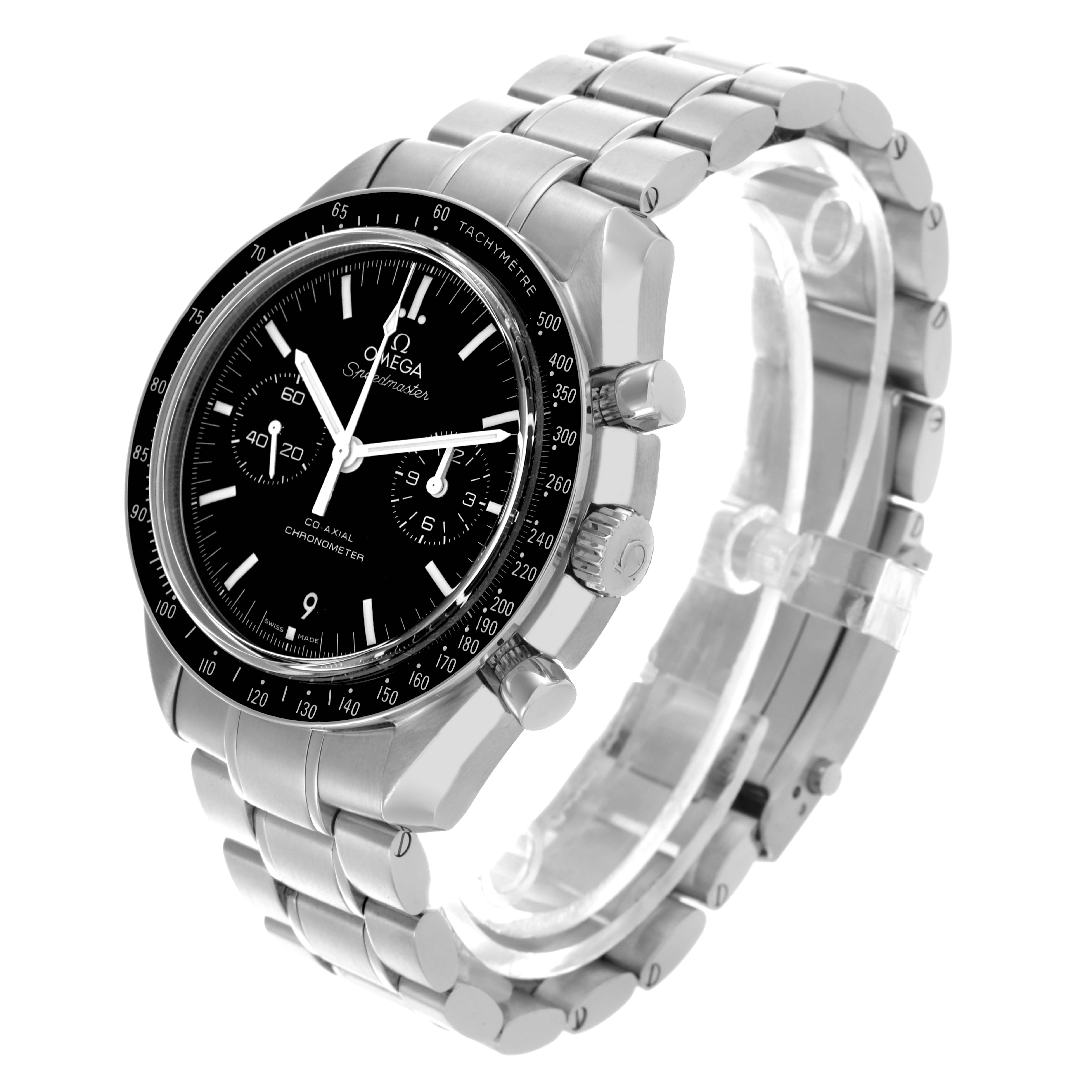 The Omega Seamaster 311.30.44.51.01.002 Men
s Stainless Steel Black Dial 311.30.44.51.01.002 Men
s Stainless Steel Black Dial watch is shown at an oblique angle, revealing the face, bezel, side buttons, and the metal bracelet.