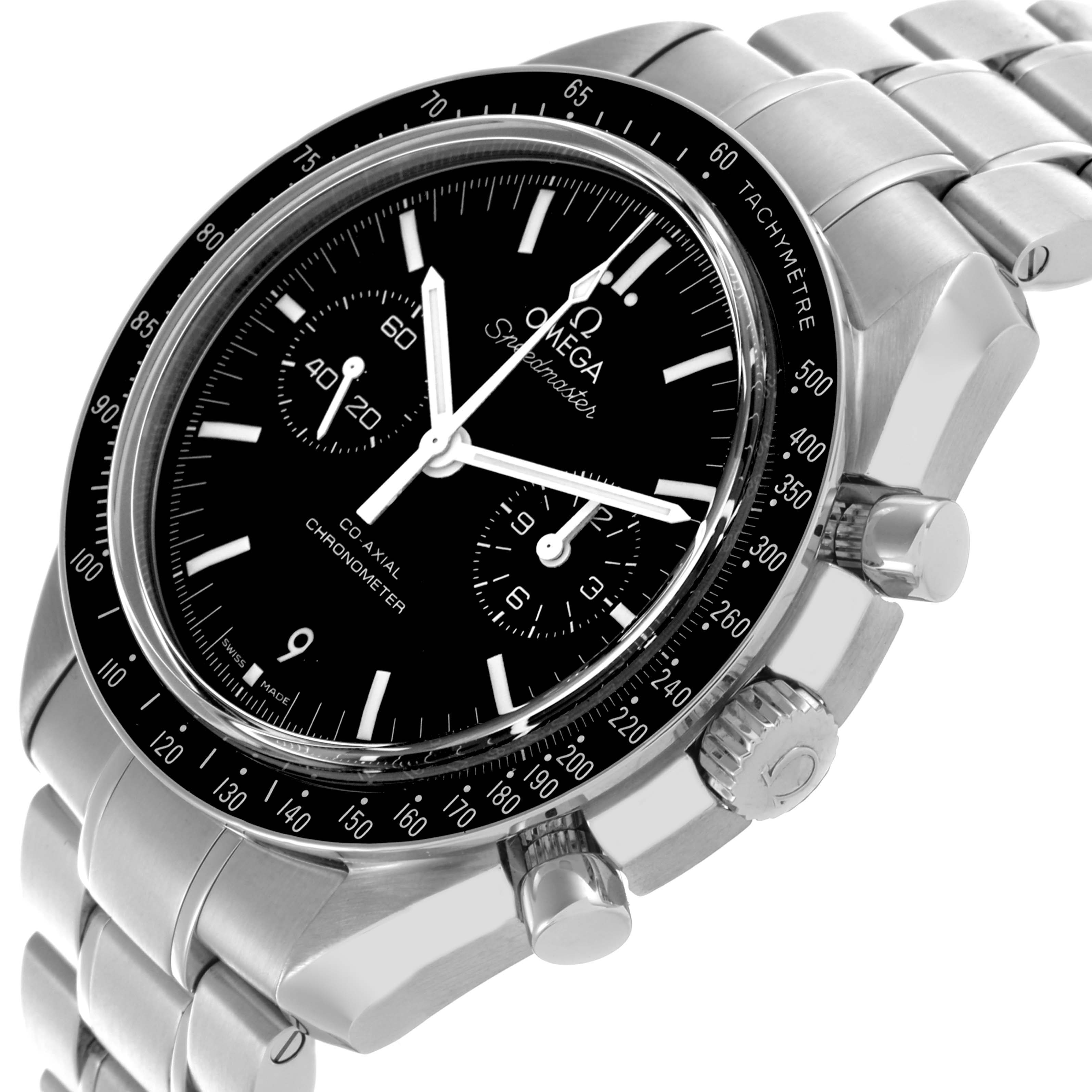 The Omega Seamaster 311.30.44.51.01.002 Men
s Stainless Steel Black Dial 311.30.44.51.01.002 Men
s Stainless Steel Black Dial watch is shown at an angled view highlighting the dial, bezel, crown, pushers, and stainless steel bracelet.