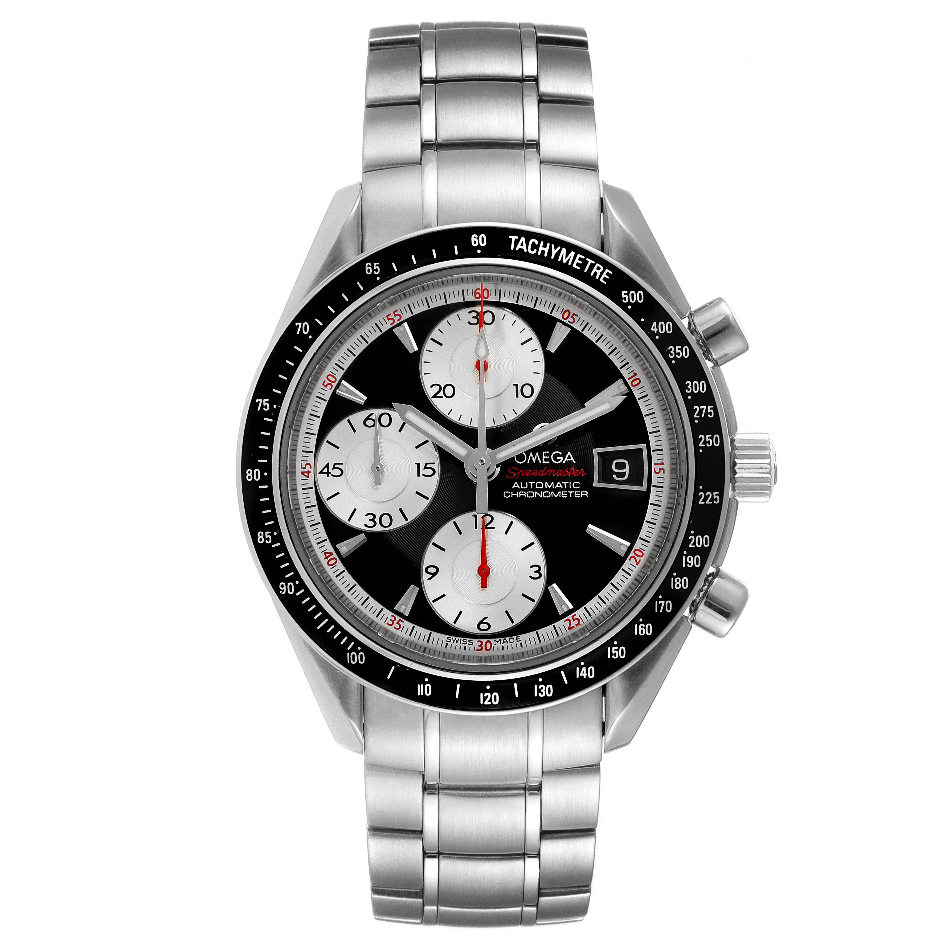 The image shows a front view of an Omega Speedmaster 3210.51.00 Men
s Stainless Steel Black Dial 3210.51.00 Men
s Stainless Steel Black Dial watch, featuring its dial, tachymeter bezel, and stainless steel bracelet.