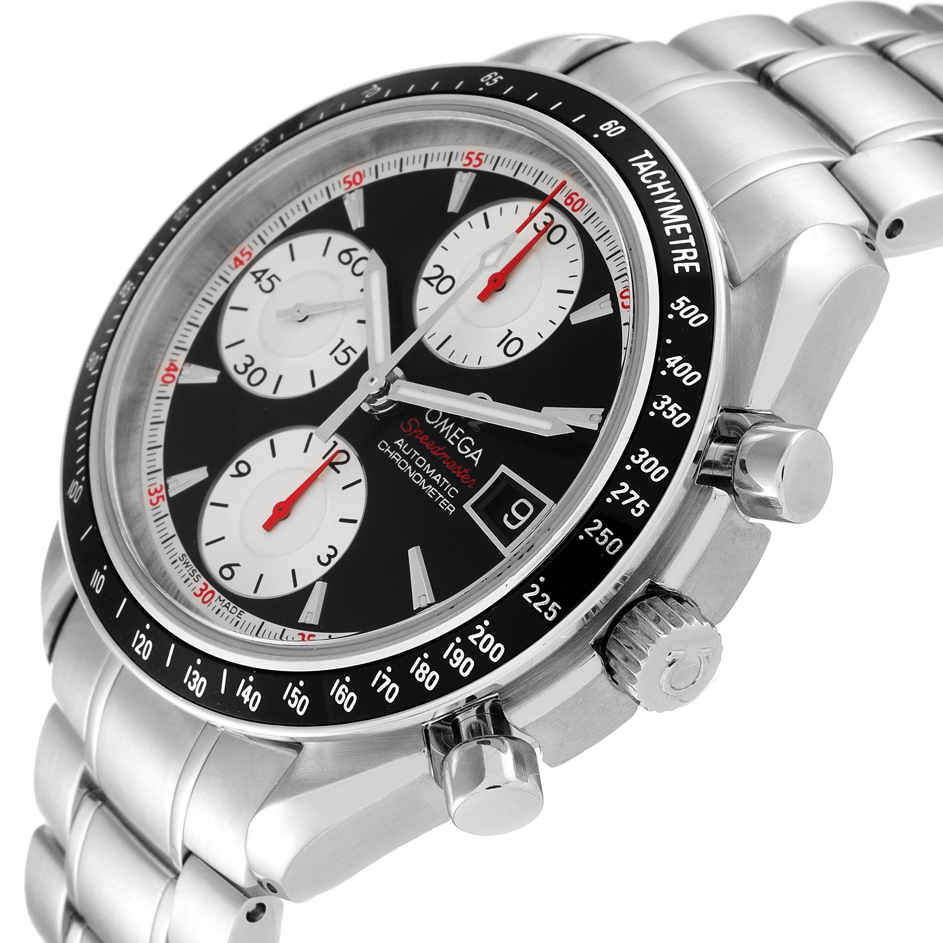 The Omega Speedmaster 3210.51.00 Men
s Stainless Steel Black Dial 3210.51.00 Men
s Stainless Steel Black Dial is shown from a right-side angle, highlighting the dial, sub-dials, tachymeter bezel, and pushers.