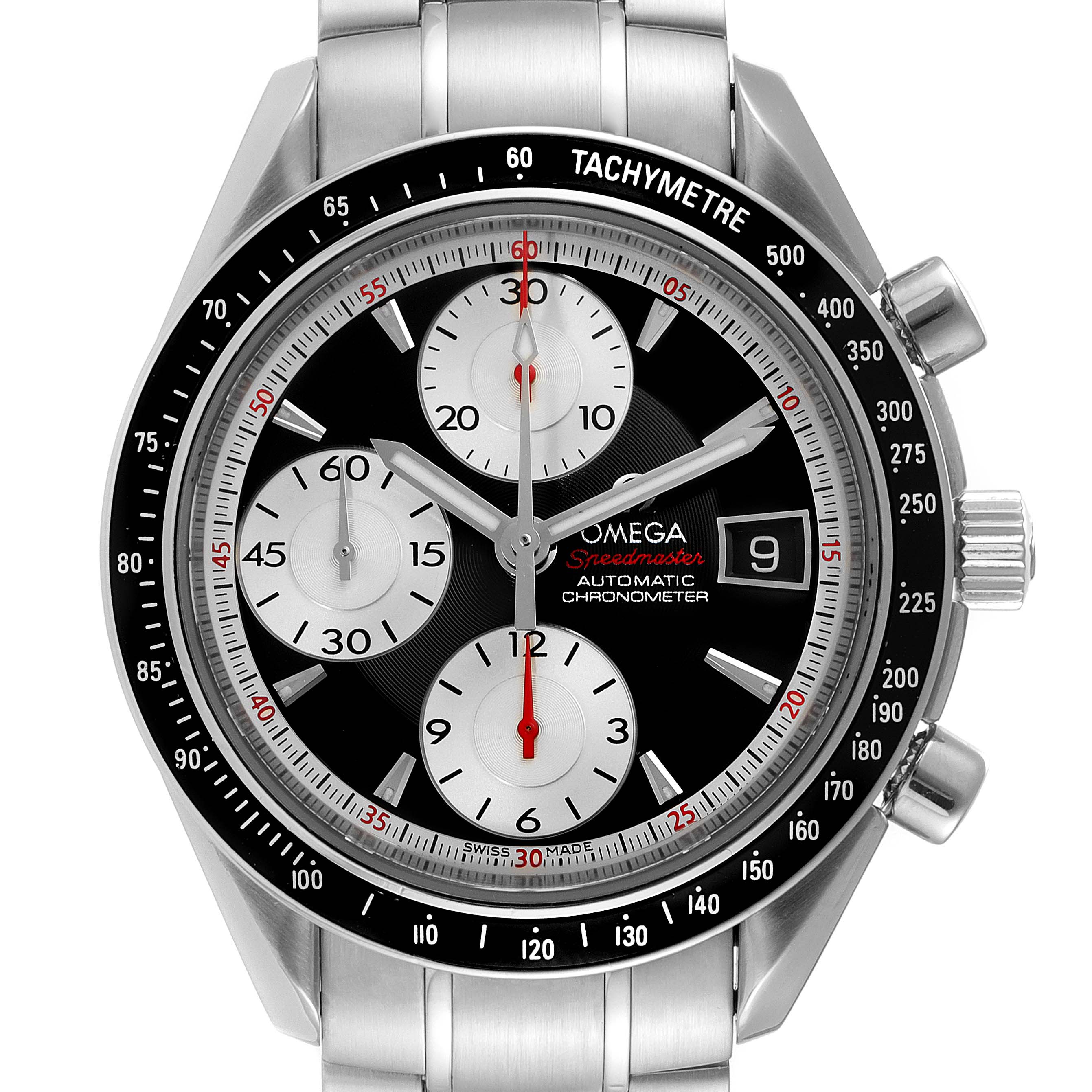 The image shows a front view of the Omega Speedmaster 3210.51.00 Men
s Stainless Steel Black Dial 3210.51.00 Men
s Stainless Steel Black Dial watch, highlighting the dial, subdials, and tachymeter bezel.
