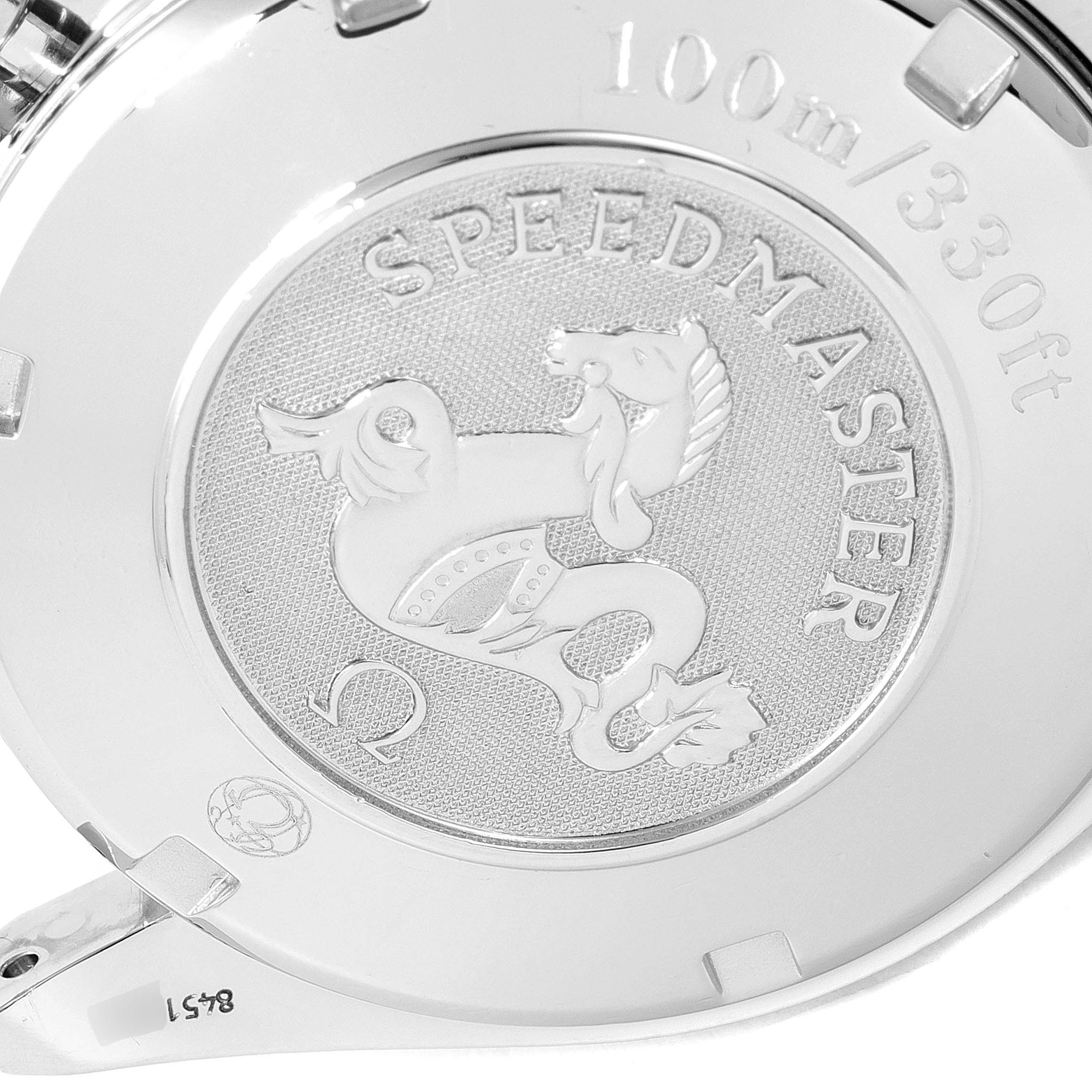 This image shows the back of an Omega Speedmaster 3210.51.00 Men
s Stainless Steel Black Dial 3210.51.00 Men
s Stainless Steel Black Dial watch, highlighting the engraved logo and water resistance marking.