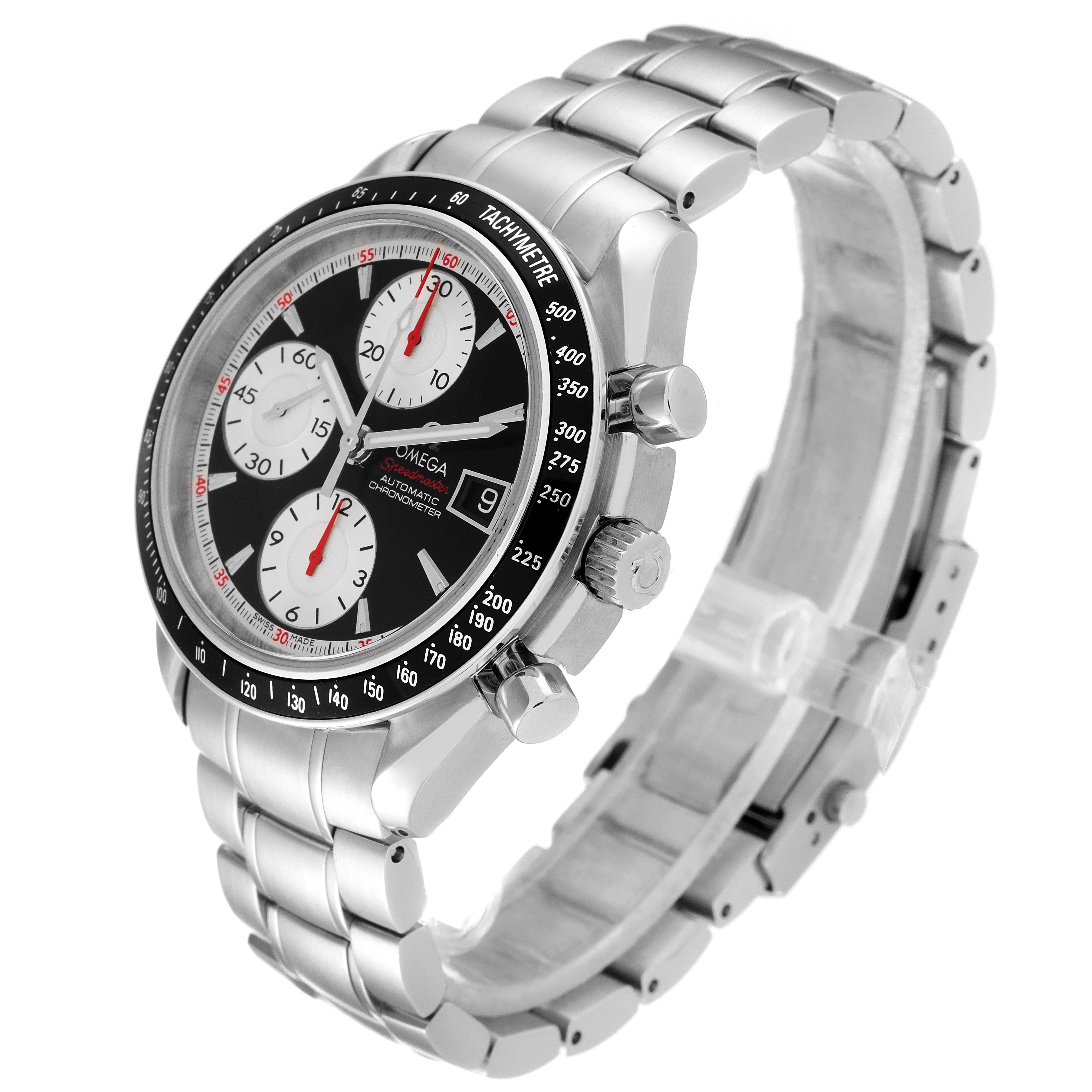 The Omega Speedmaster 3210.51.00 Men
s Stainless Steel Black Dial 3210.51.00 Men
s Stainless Steel Black Dial watch is shown at a three-quarter angle, highlighting its face, chronograph dials, bezel, and stainless steel band.