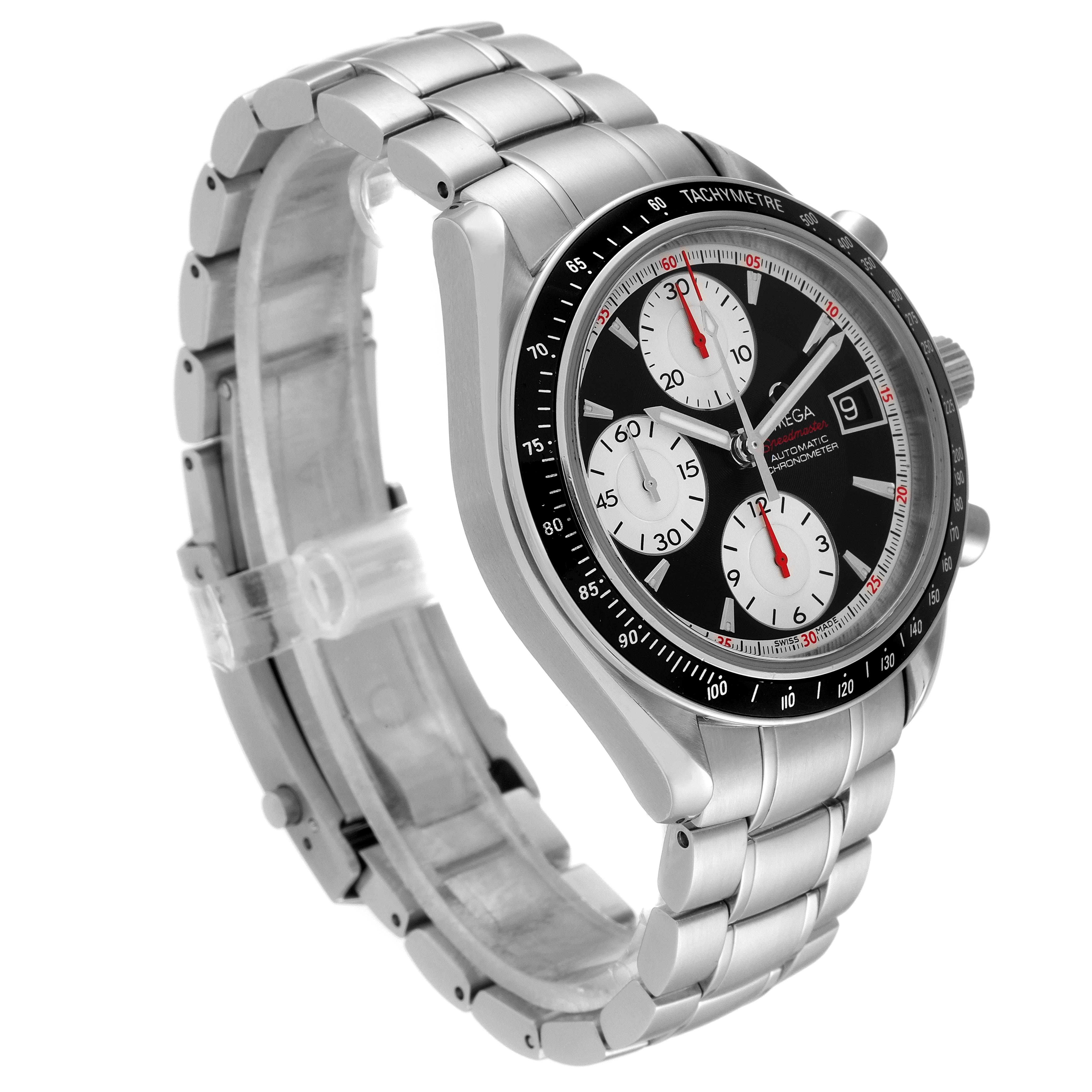 The image shows an angled side view of the Omega Speedmaster 3210.51.00 Men
s Stainless Steel Black Dial 3210.51.00 Men
s Stainless Steel Black Dial watch, highlighting its face, bezel, and metal bracelet.