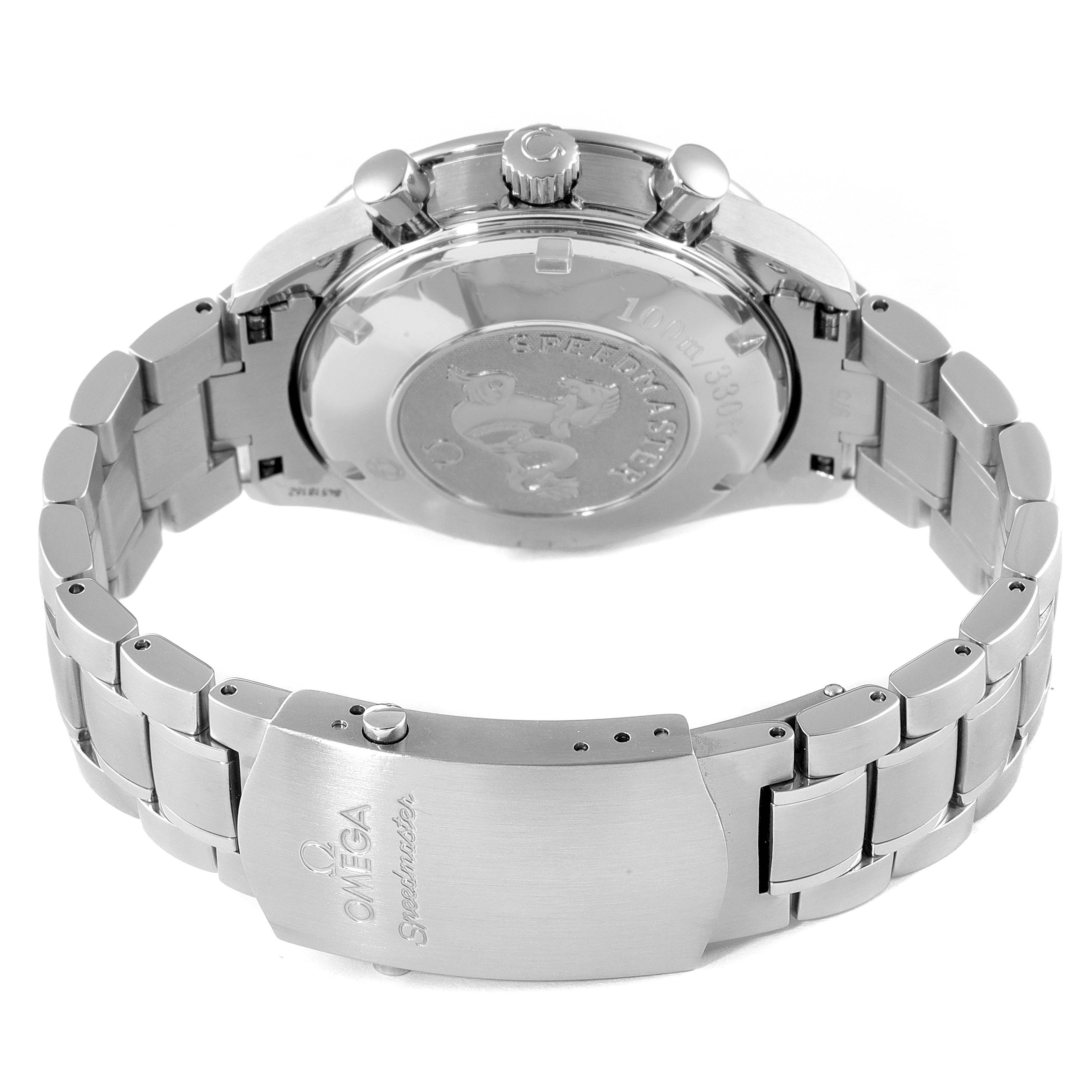 The image shows the back case, crown, pushers, and bracelet of an Omega Speedmaster 3210.51.00 Men
s Stainless Steel Black Dial 3210.51.00 Men
s Stainless Steel Black Dial watch.