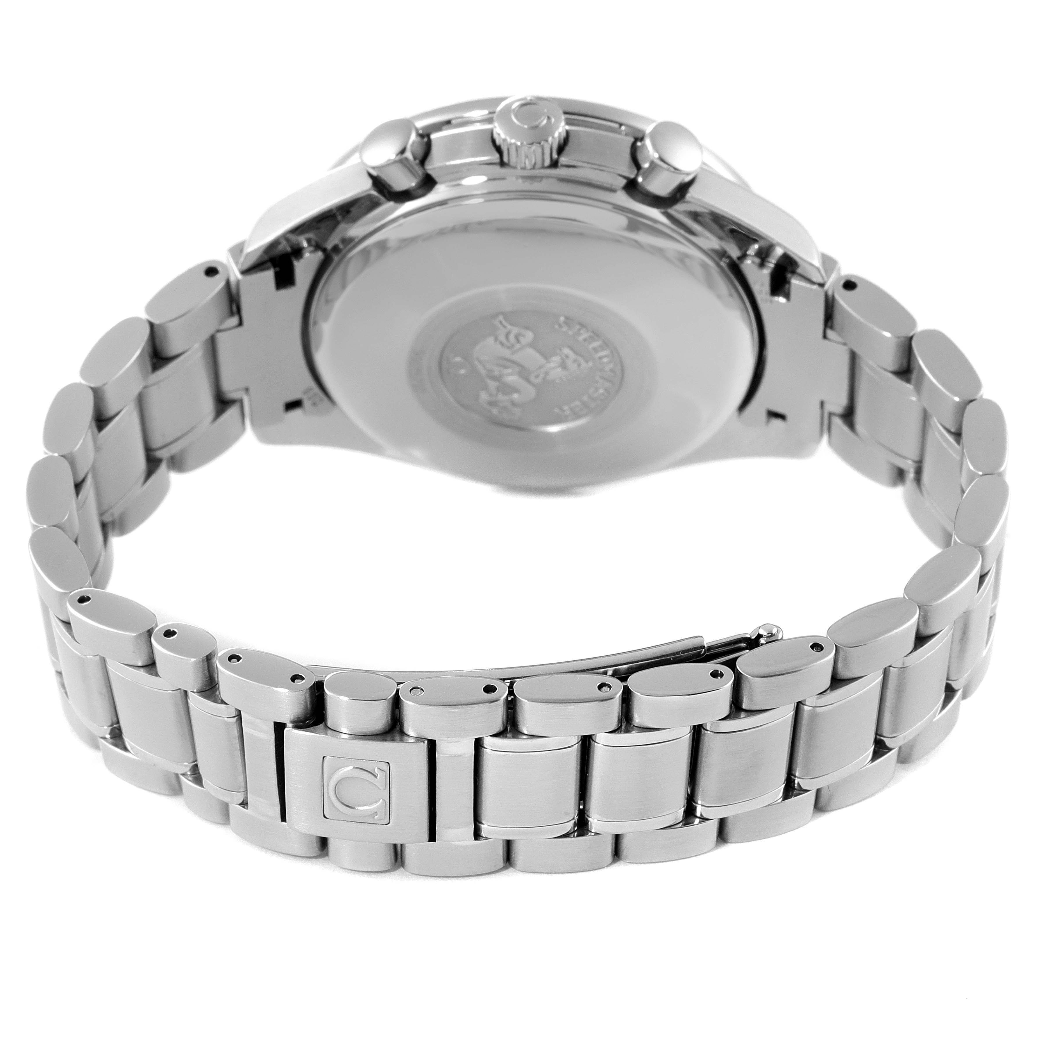 The image shows the back view of the Omega Speedmaster 3520.50.00 Men
s Stainless Steel Black Dial 3520.50.00 Men
s Stainless Steel Black Dial watch, highlighting the case back and stainless steel bracelet.