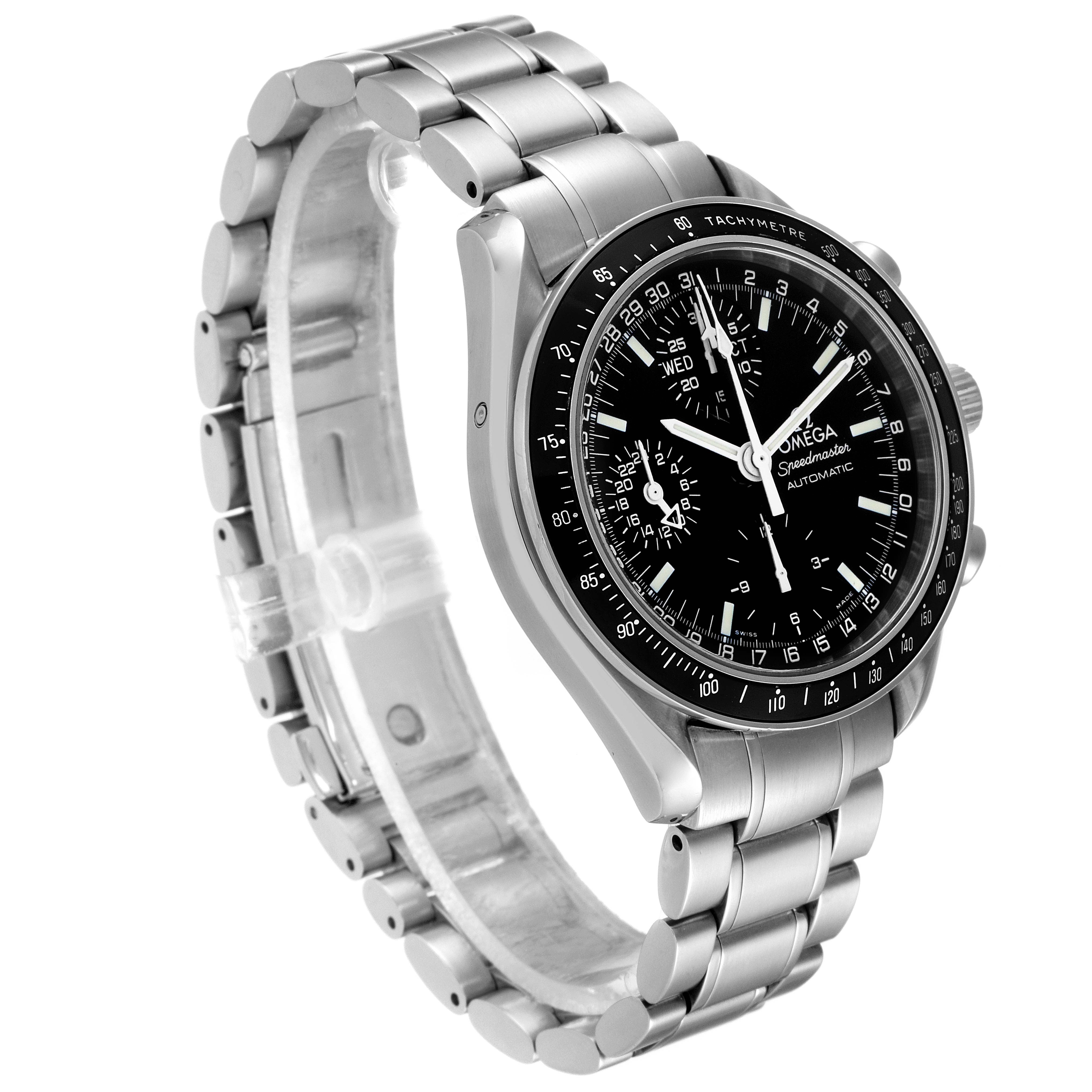 The image shows an angled view of the Omega Speedmaster 3520.50.00 Men
s Stainless Steel Black Dial 3520.50.00 Men
s Stainless Steel Black Dial watch, highlighting its metal bracelet and black dial with three subdials.