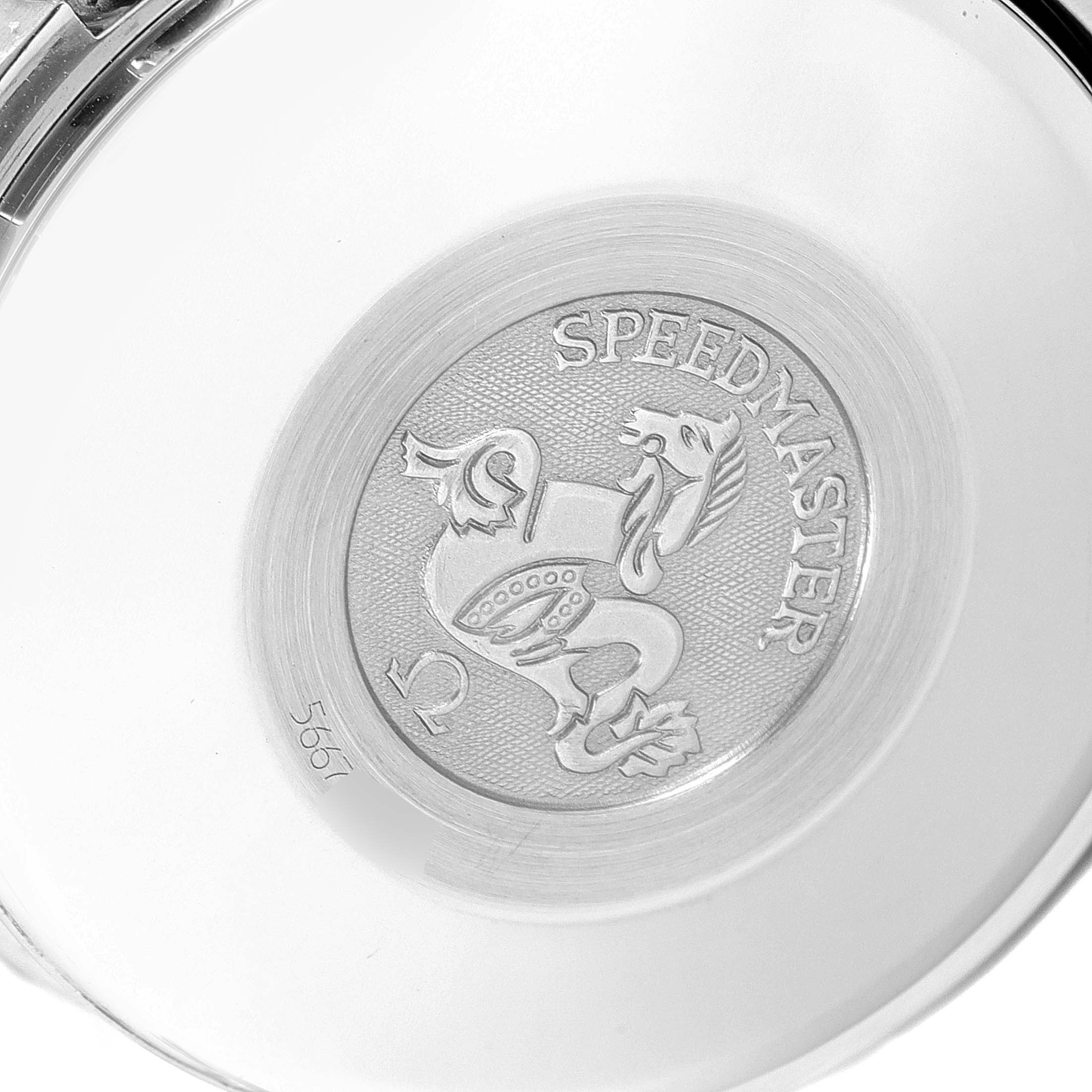 The image shows the engraved case back of the Omega Speedmaster 3520.50.00 Men
s Stainless Steel Black Dial 3520.50.00 Men
s Stainless Steel Black Dial watch.