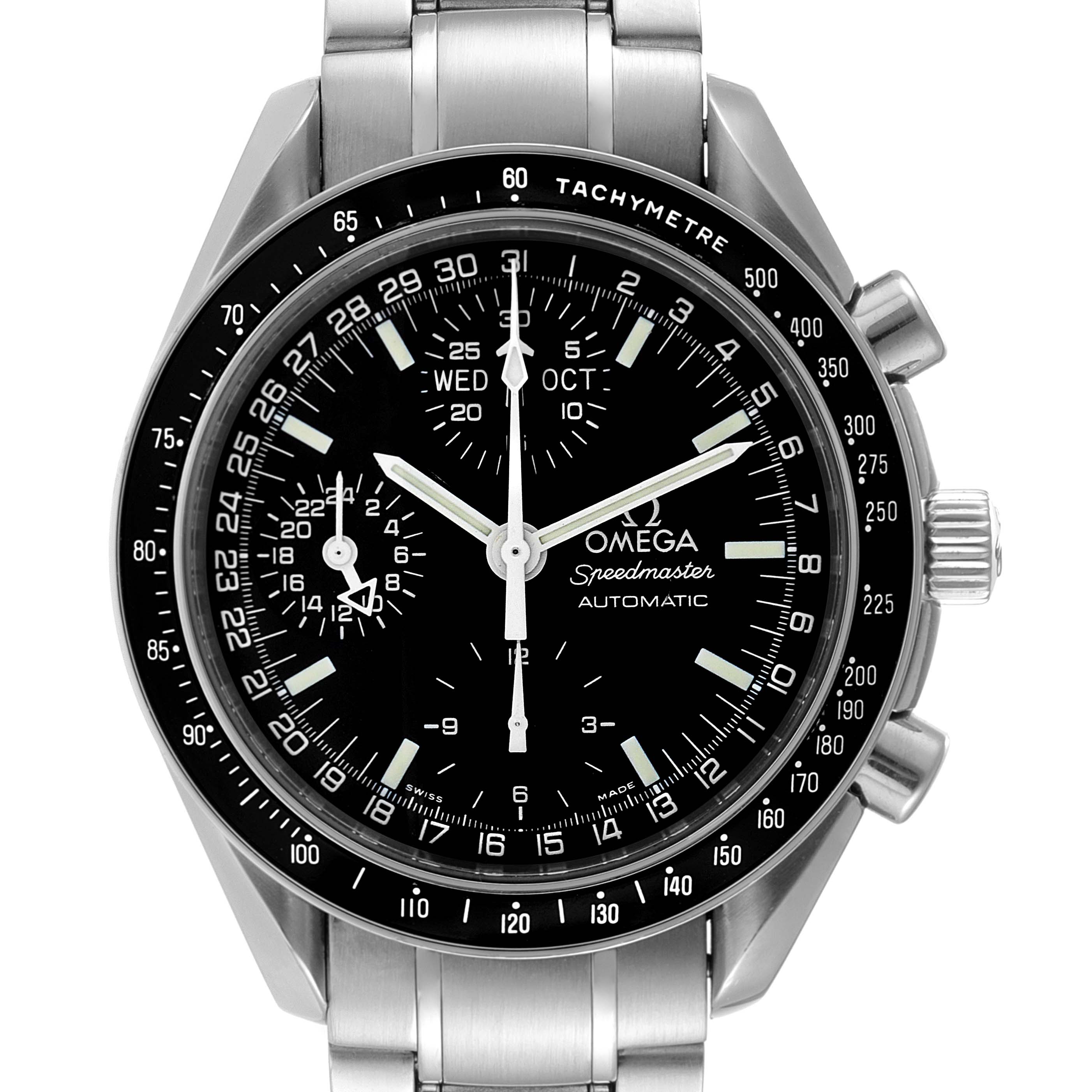 The image shows a front view of the Omega Speedmaster 3520.50.00 Men
s Stainless Steel Black Dial 3520.50.00 Men
s Stainless Steel Black Dial watch, highlighting its dial and stainless steel bracelet.