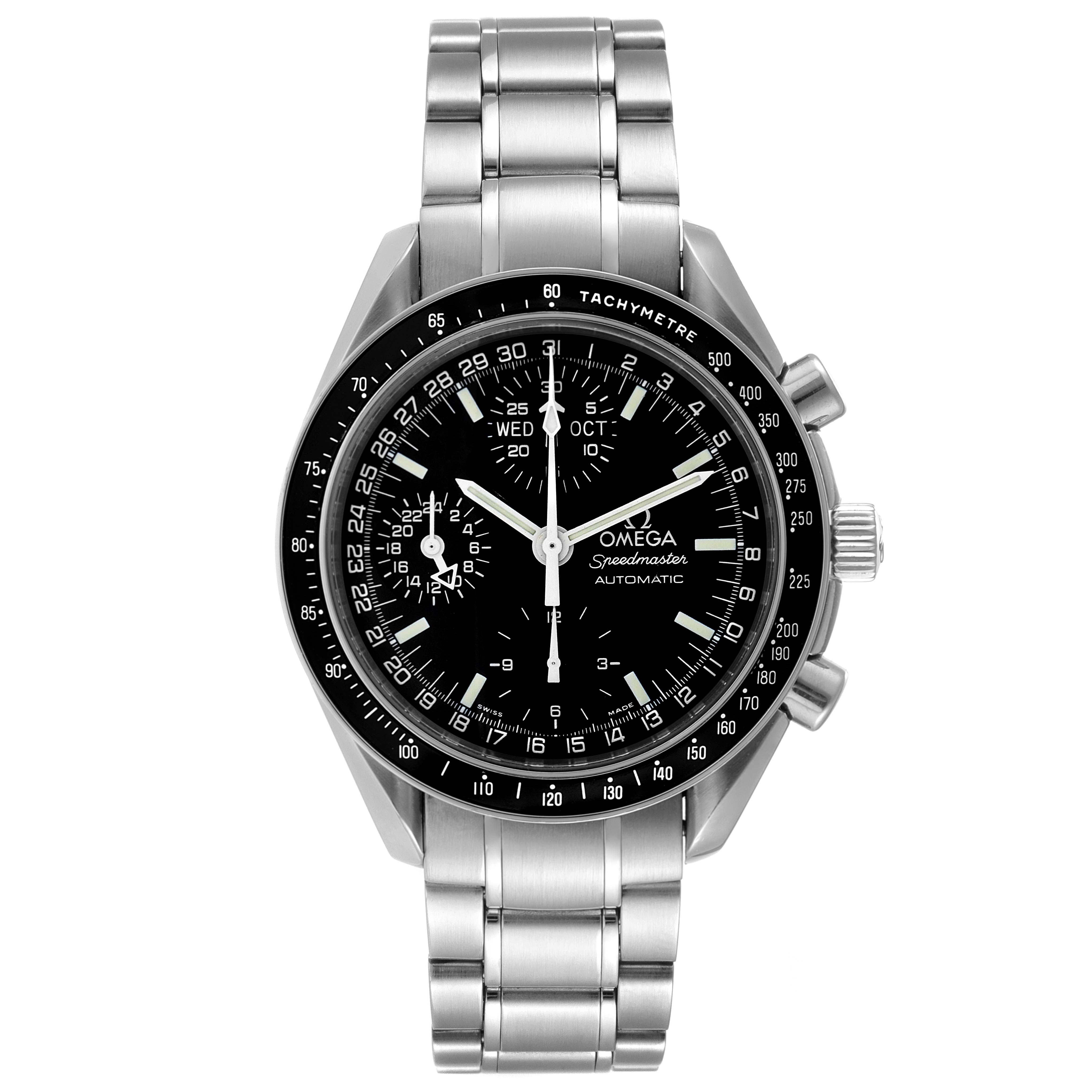 The Omega Speedmaster 3520.50.00 Men
s Stainless Steel Black Dial 3520.50.00 Men
s Stainless Steel Black Dial watch is shown in a front view, displaying the face, bezel, crown, pushers, and bracelet.