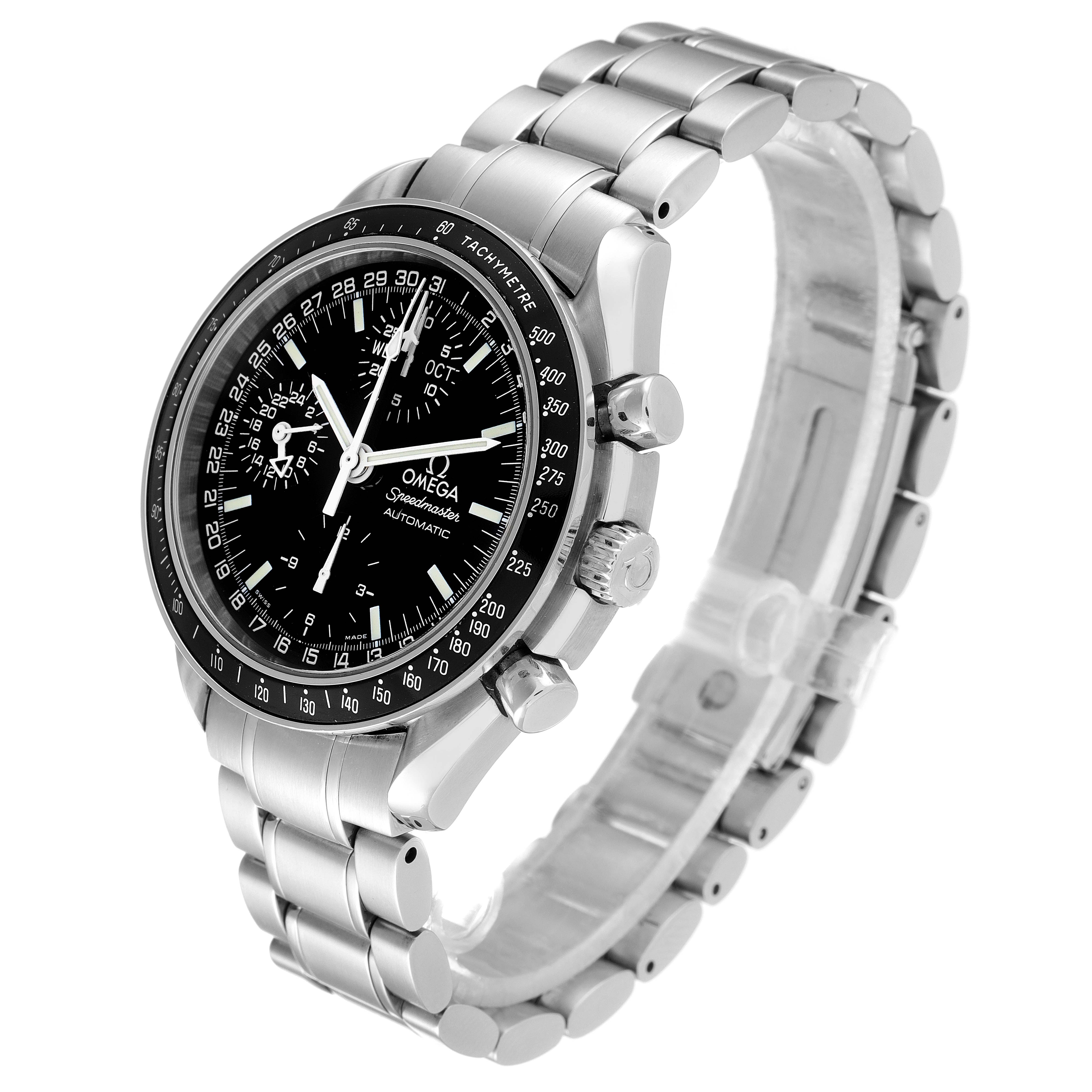 The Omega Speedmaster 3520.50.00 Men
s Stainless Steel Black Dial 3520.50.00 Men
s Stainless Steel Black Dial watch is shown from a side angle, highlighting the dial, bezel, crown, pushers, and metal bracelet.