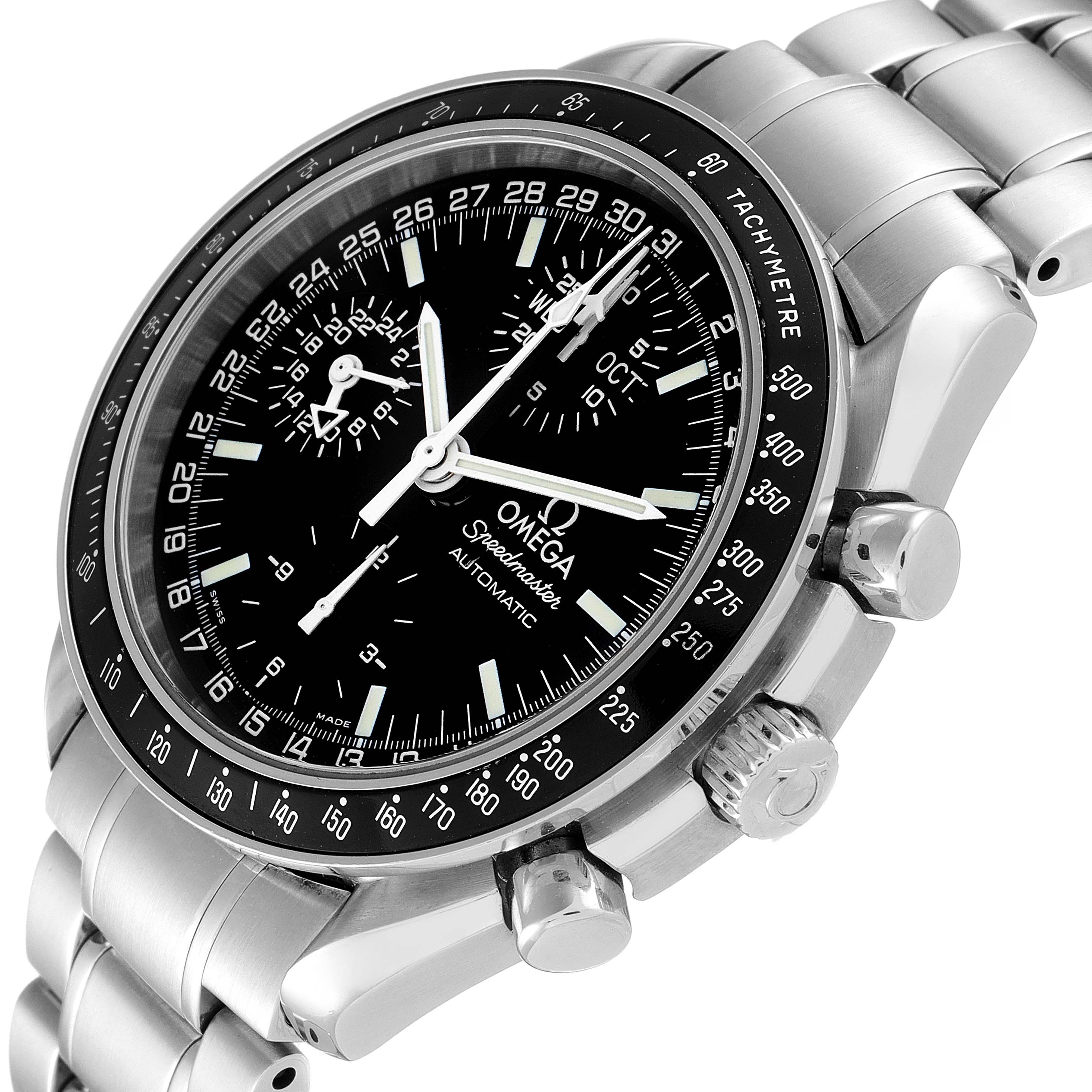 This image shows a close-up angled view of an Omega Speedmaster 3520.50.00 Men
s Stainless Steel Black Dial 3520.50.00 Men
s Stainless Steel Black Dial, highlighting its face, dials, and stainless steel bracelet.