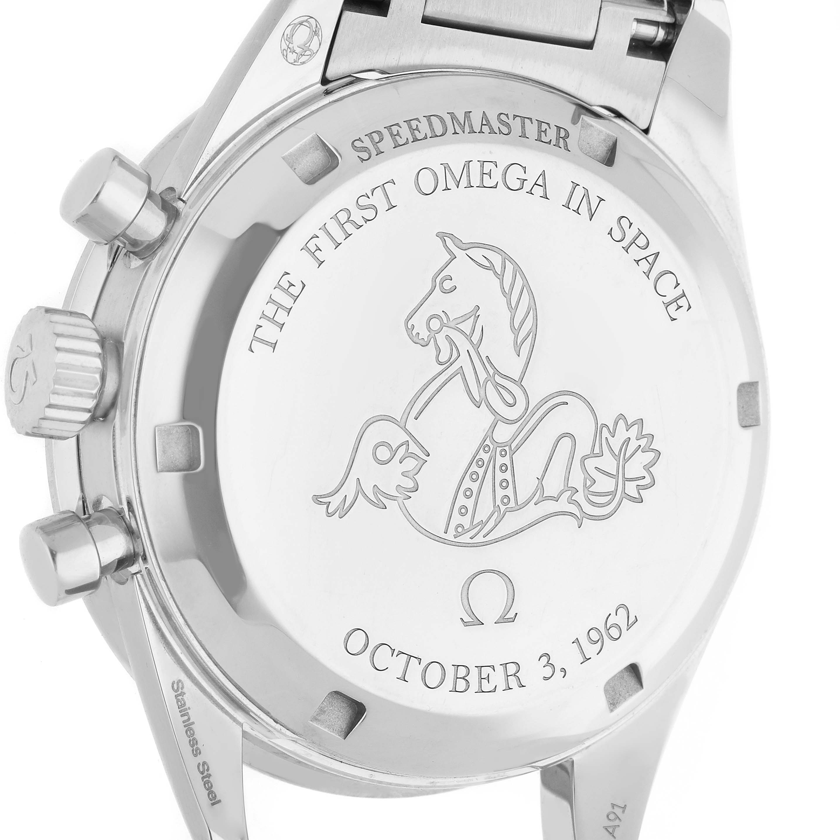 The image shows the case back of an Omega Speedmaster 310.30.42.50.04.001 Men's Stainless Steel Grey Dial, featuring an engraved design and inscriptions.