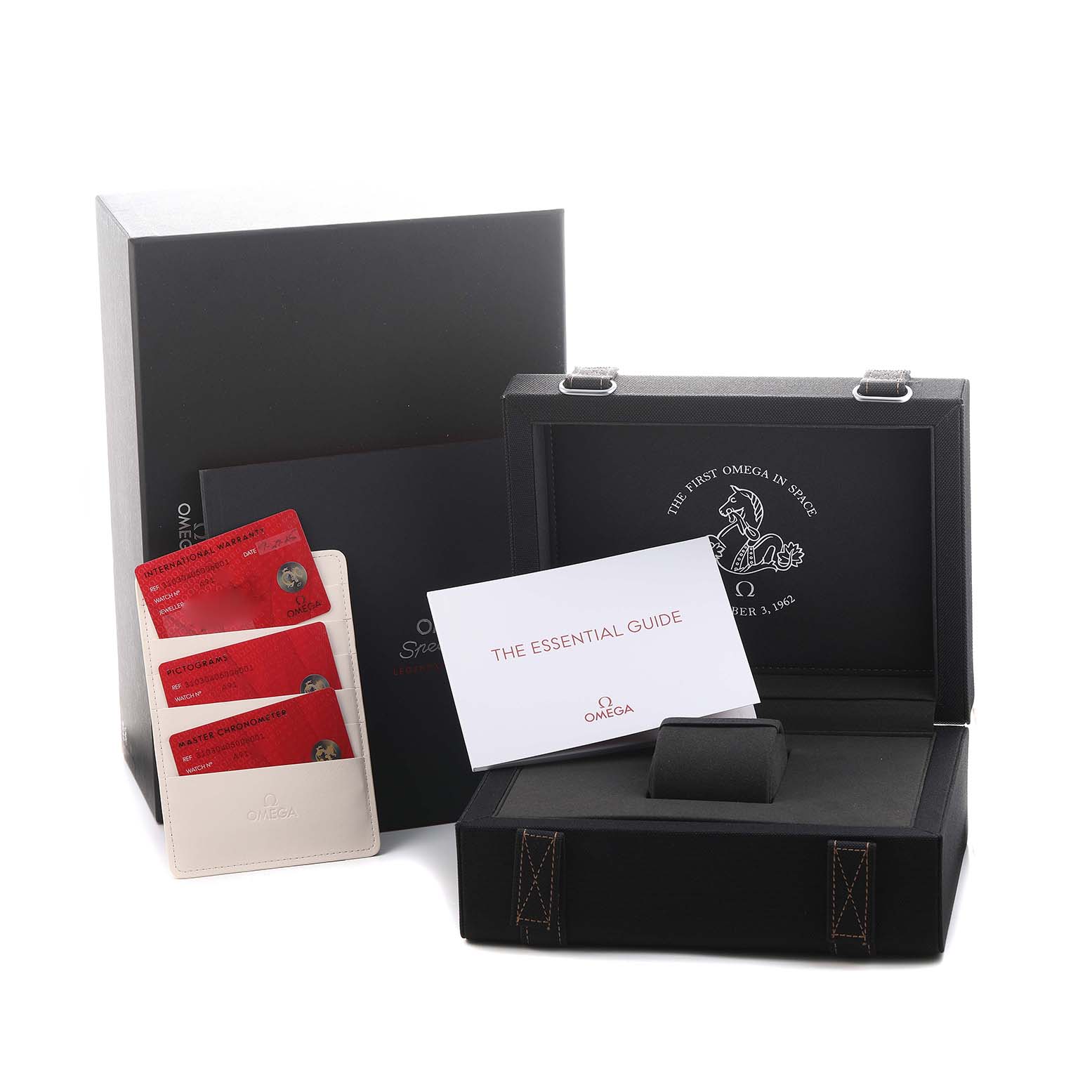 The image shows Omega Speedmaster 310.30.42.50.04.001 Men's Stainless Steel Grey Dial accessories, including a presentation box, cards, a guide, and a case, from a front angle.