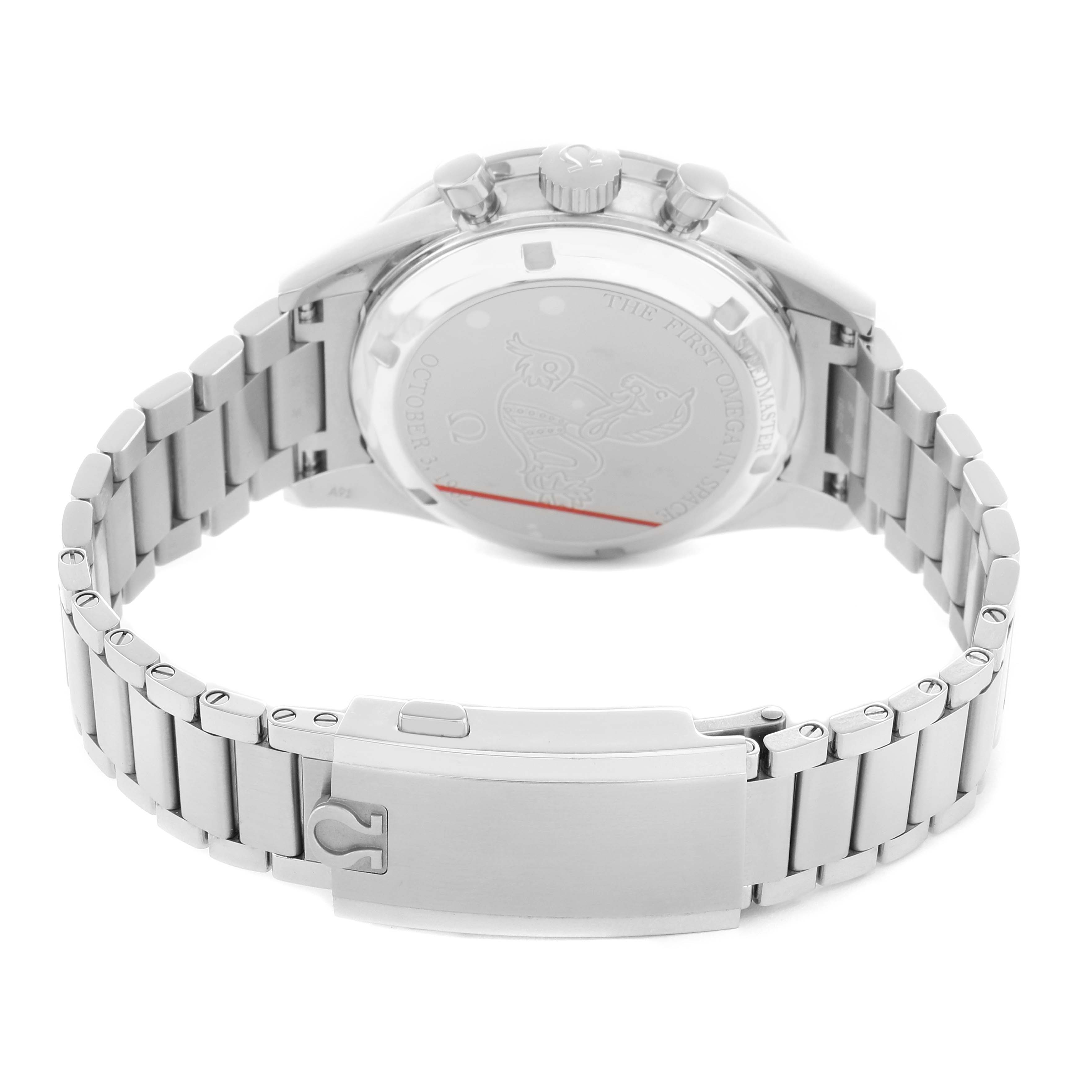 The Omega Speedmaster 310.30.42.50.04.001 Men's Stainless Steel Grey Dial is shown from the back, highlighting the case back and metal bracelet with clasp.