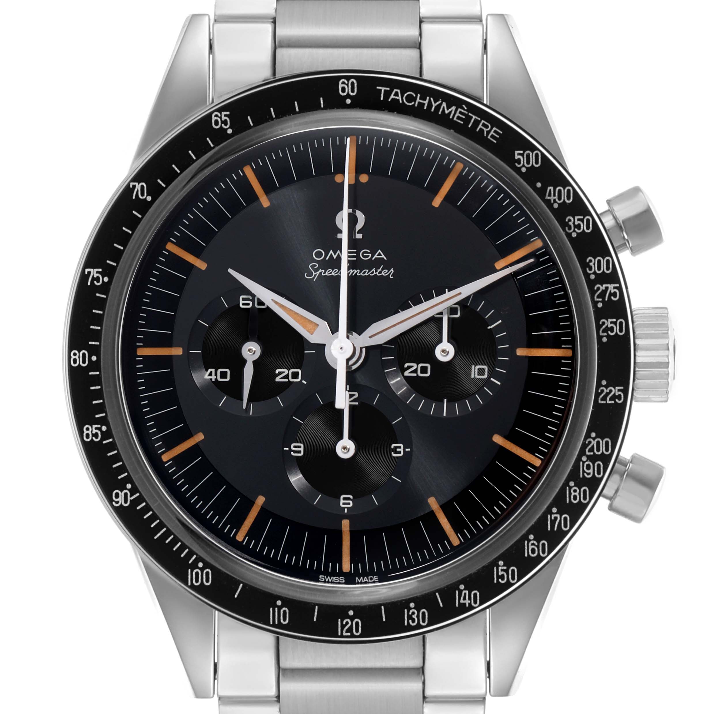 The Omega Speedmaster 310.30.42.50.04.001 Men's Stainless Steel Grey Dial watch is shown from the front, highlighting the dial, subdials, bezel, and part of the bracelet.