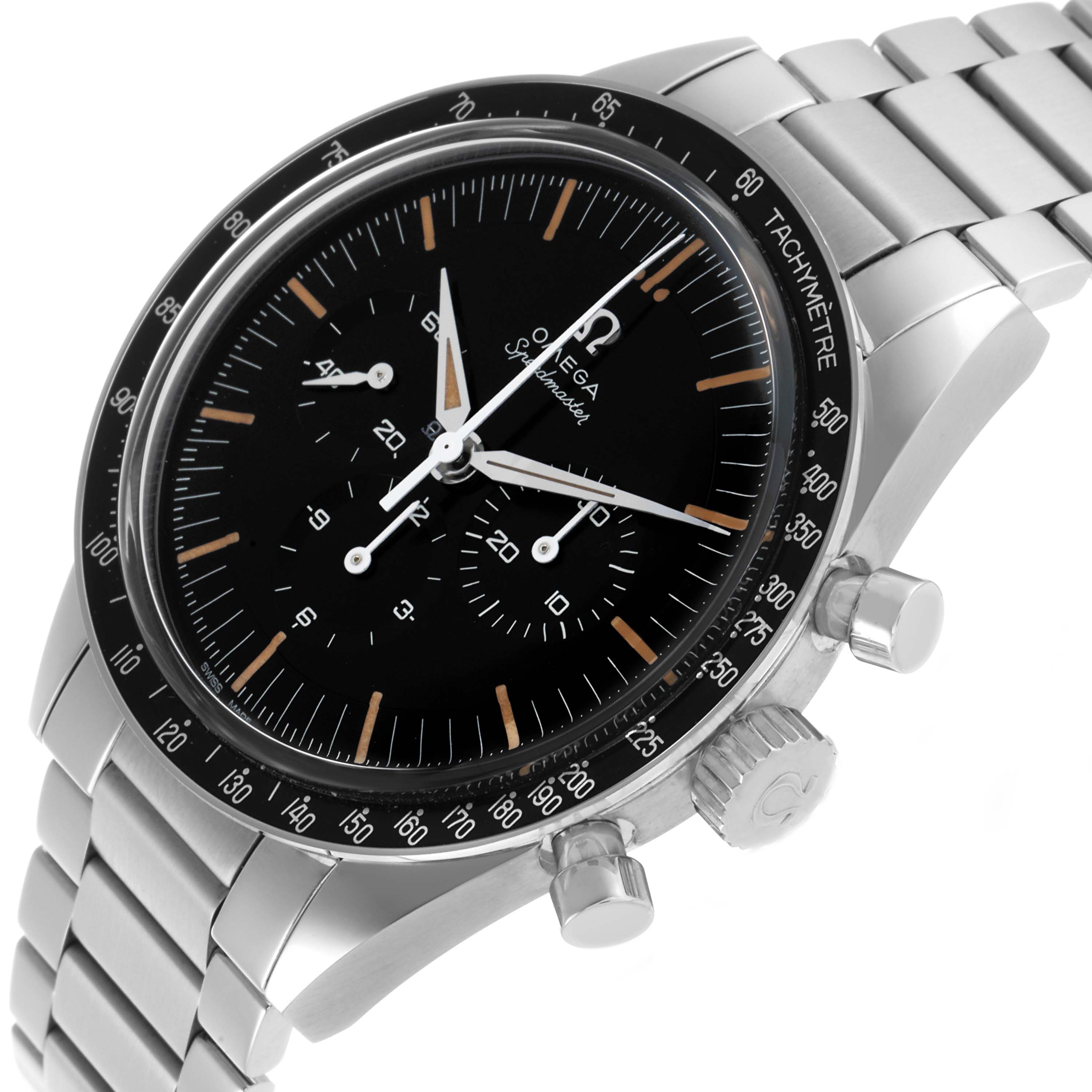 The Omega Speedmaster 310.30.42.50.04.001 Men's Stainless Steel Grey Dial is shown at a slight angle highlighting the dial, tachymeter bezel, pushers, and stainless steel bracelet.