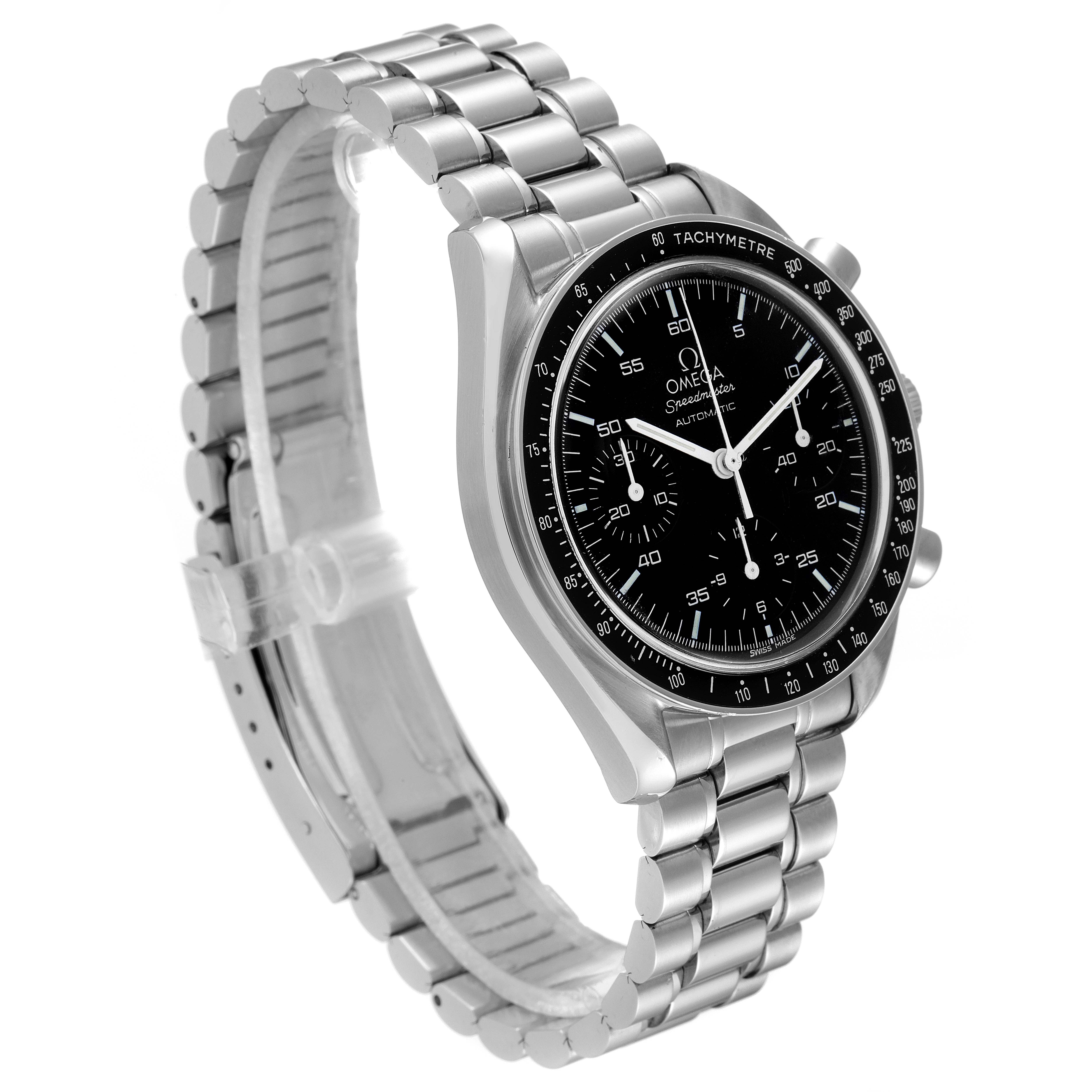 The image shows the full face and bracelet of an Omega Speedmaster 3510.50.00 Men
s Stainless Steel Black Dial 3510.50.00 Men
s Stainless Steel Black Dial model watch at a three-quarter angle.