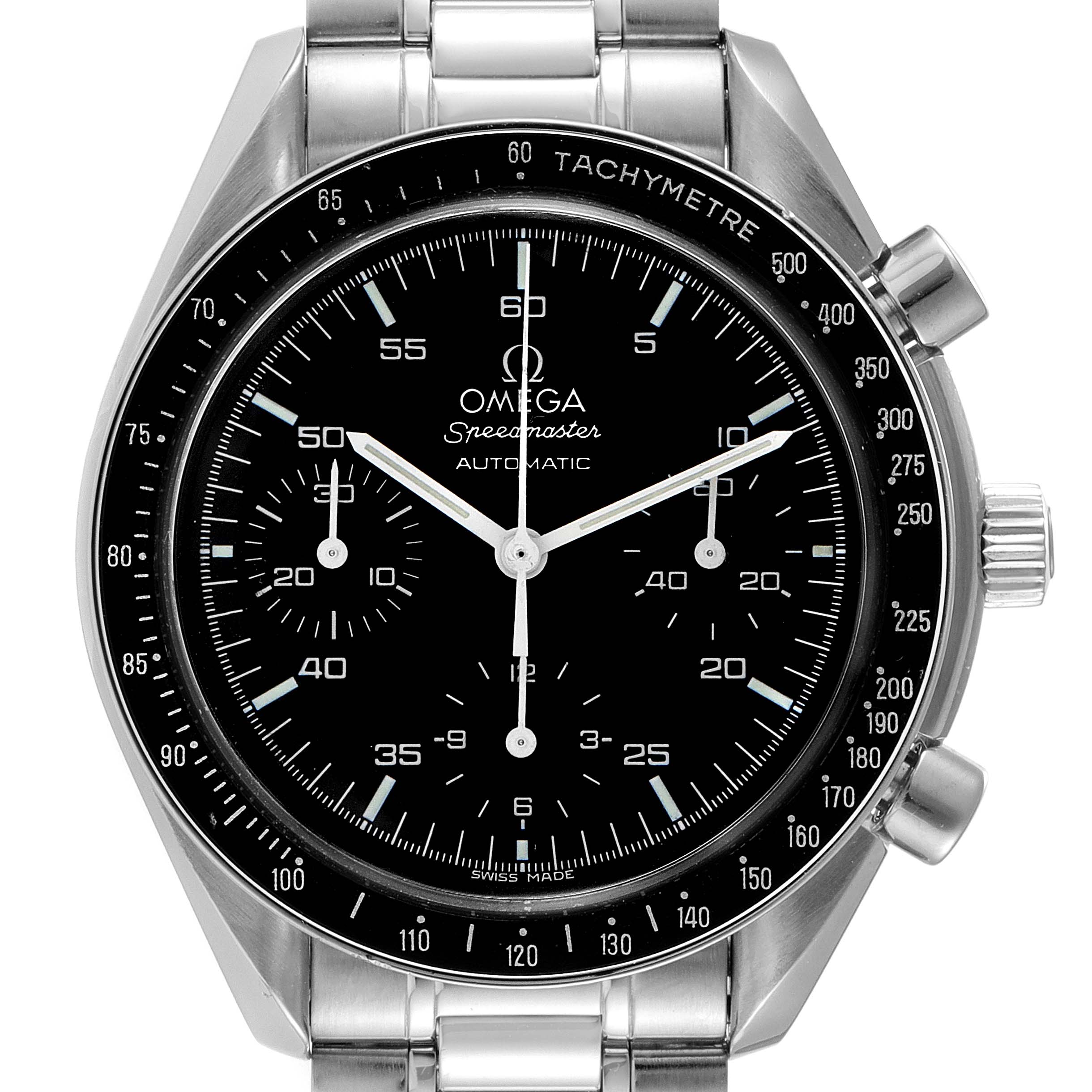 This image shows a front view of the Omega Speedmaster 3510.50.00 Men
s Stainless Steel Black Dial 3510.50.00 Men
s Stainless Steel Black Dial, highlighting the face, tachymeter, and bracelet.