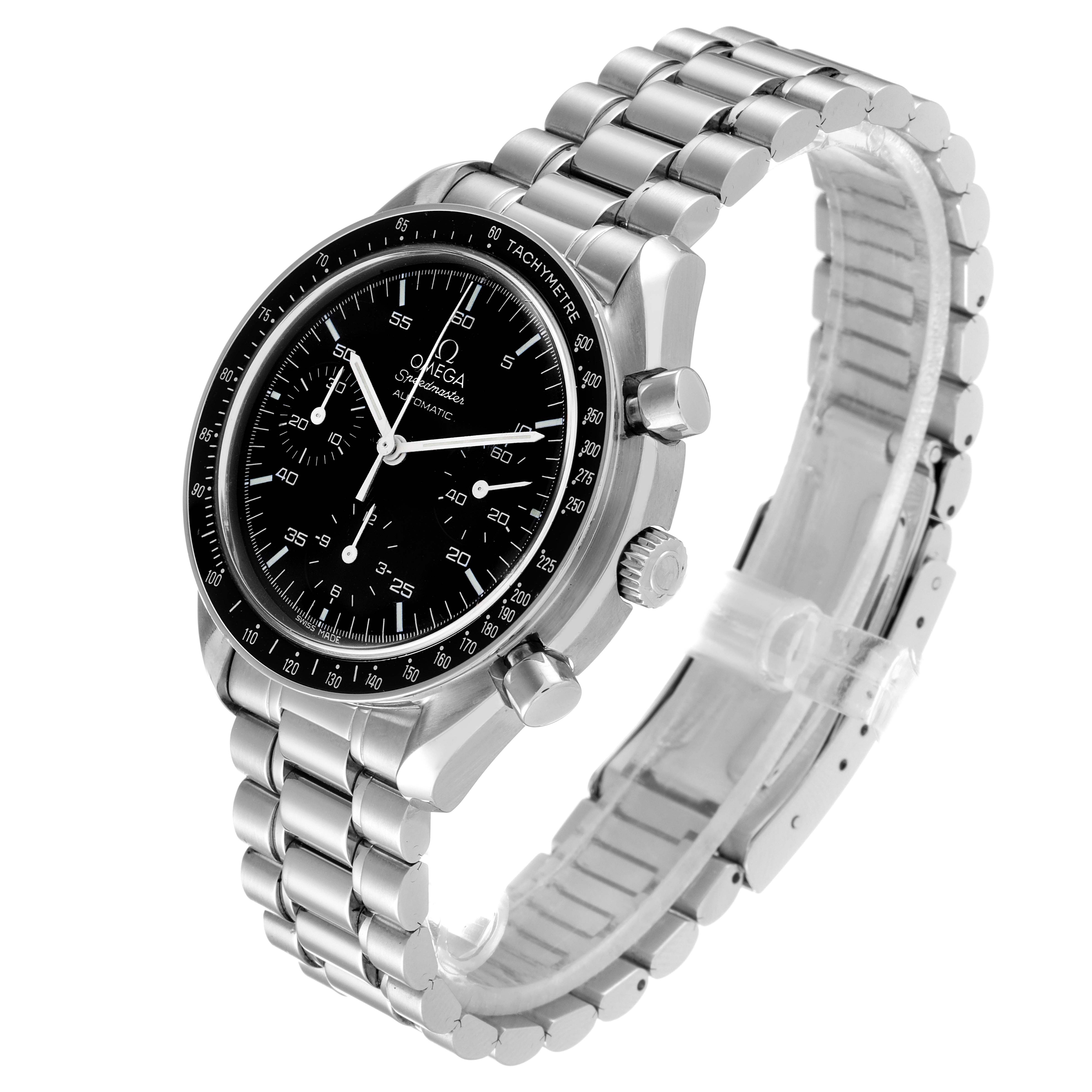 The image shows an angled view of an Omega Speedmaster 3510.50.00 Men
s Stainless Steel Black Dial 3510.50.00 Men
s Stainless Steel Black Dial watch, highlighting the face, bezel, crown, pushers, and metal bracelet.
