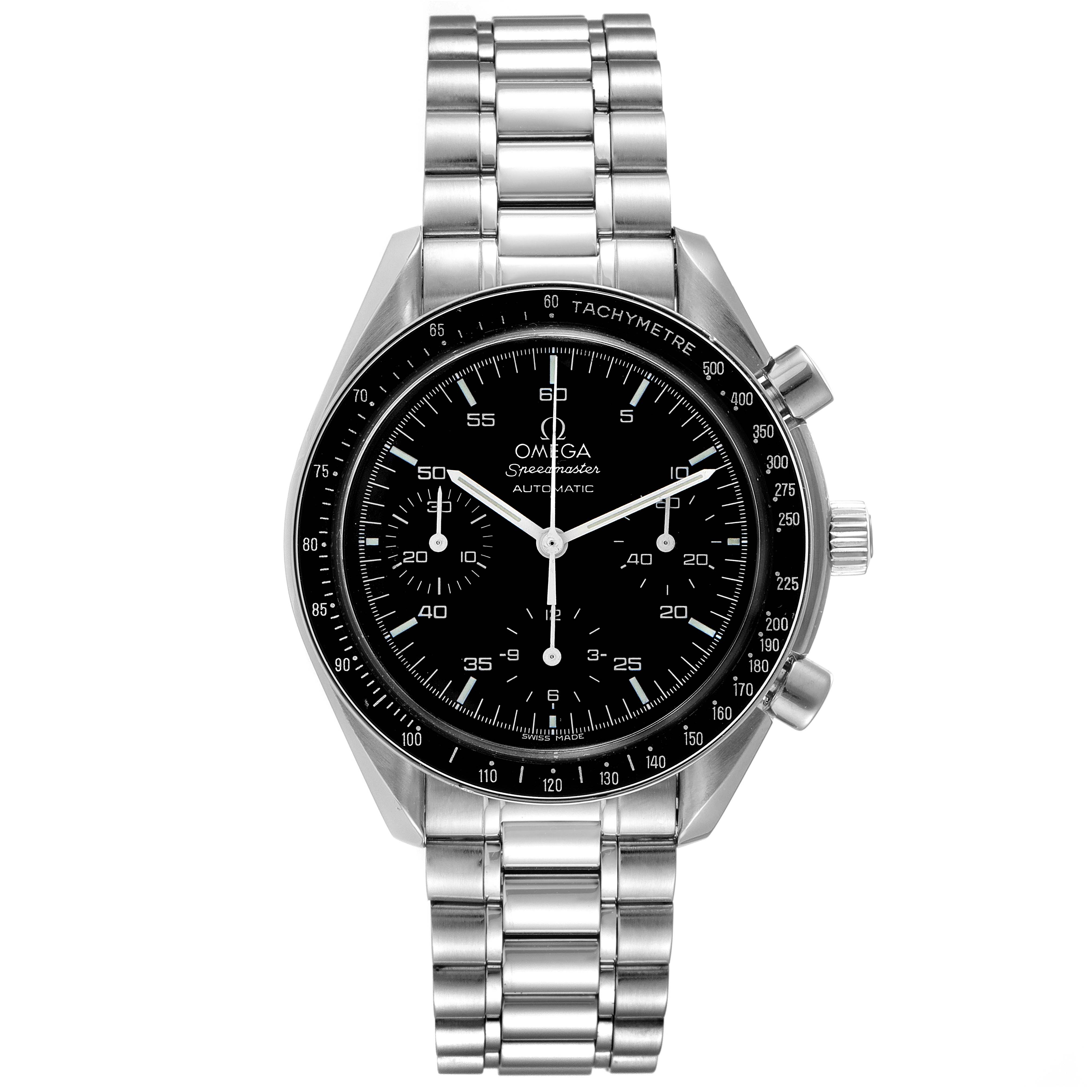 The image shows a front view of the Omega Speedmaster 3510.50.00 Men
s Stainless Steel Black Dial 3510.50.00 Men
s Stainless Steel Black Dial watch, highlighting its bracelet, dial, and chronograph buttons.