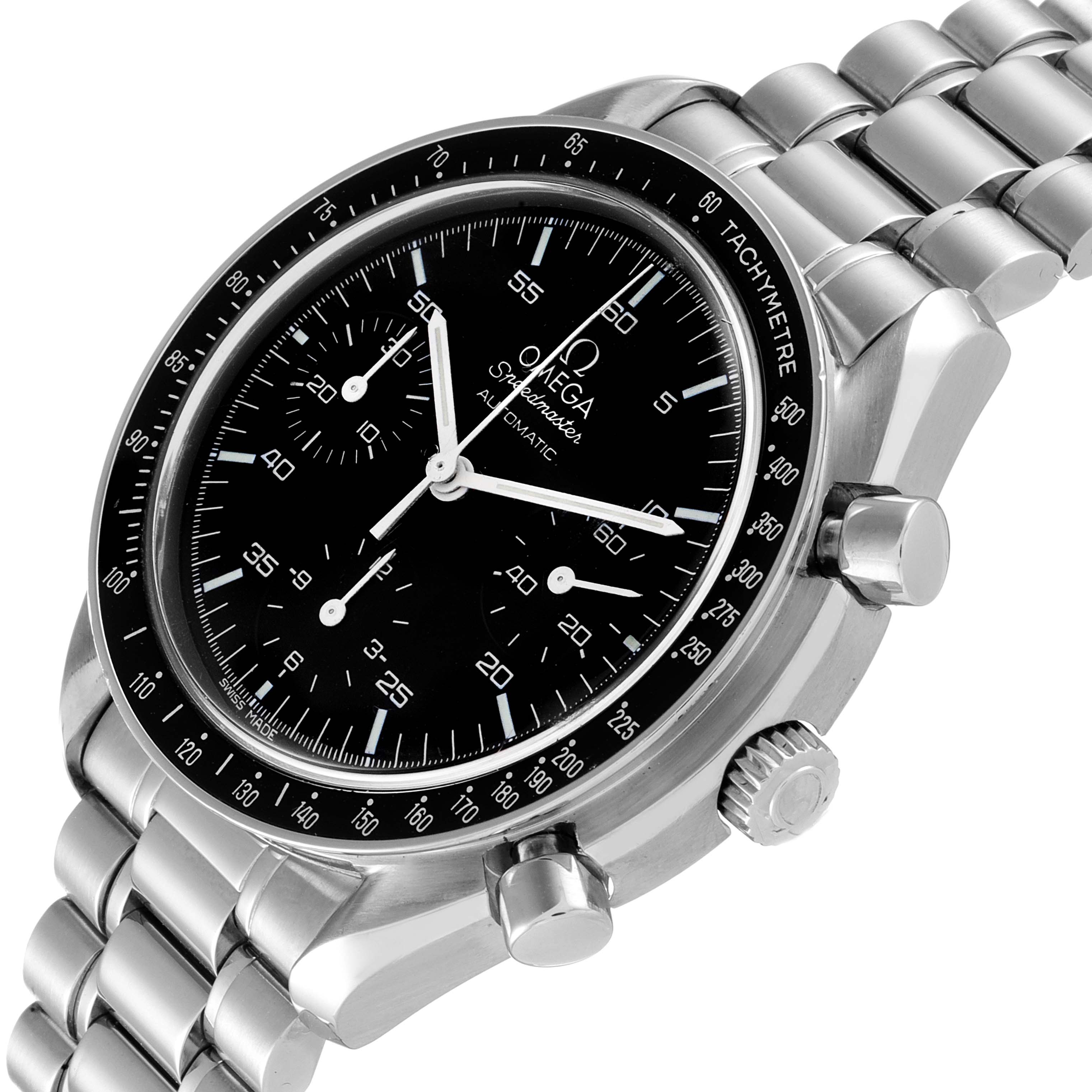 This image shows an Omega Speedmaster 3510.50.00 Men
s Stainless Steel Black Dial 3510.50.00 Men
s Stainless Steel Black Dial watch from an angled side view, displaying its dial, bezel, crown, and bracelet.