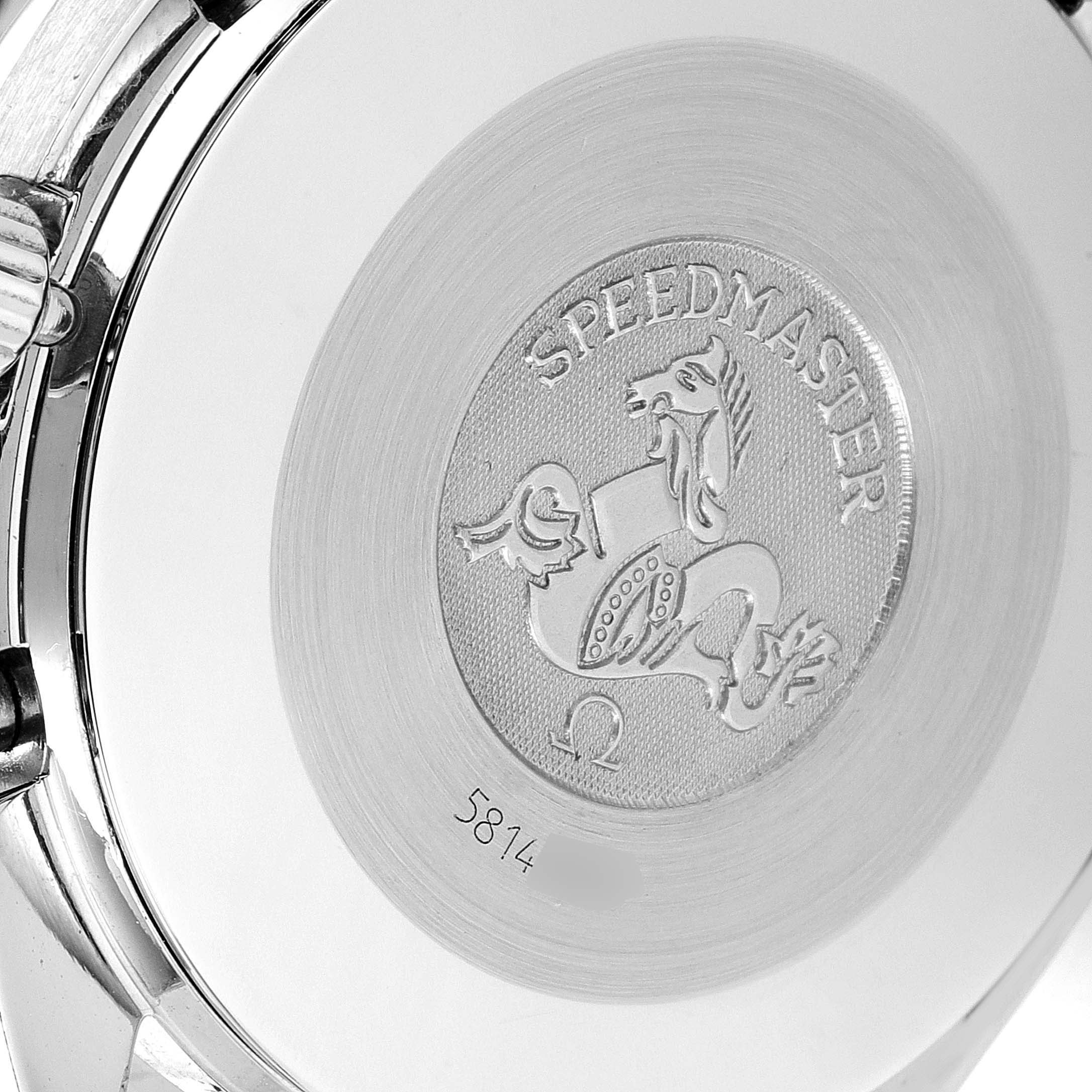 This image shows the case back of an Omega Speedmaster 3510.50.00 Men
s Stainless Steel Black Dial 3510.50.00 Men
s Stainless Steel Black Dial watch, featuring its emblem and model inscription.