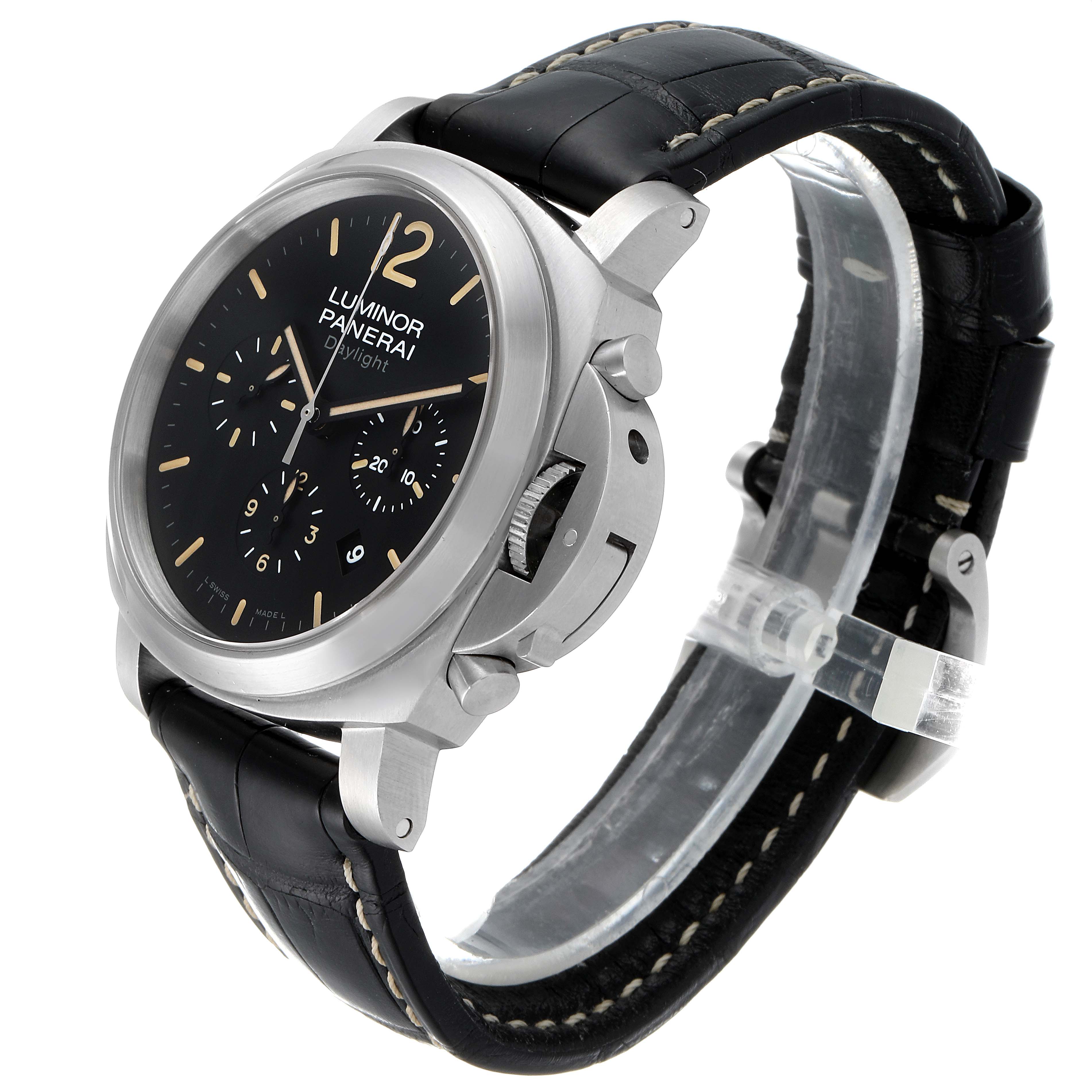 The image shows a side angle of the Panerai Luminor PAM00356 Men's Stainless Steel Black Dial PAM00356 Men's Stainless Steel Black Dial watch, featuring its face, crown guard, and leather strap.