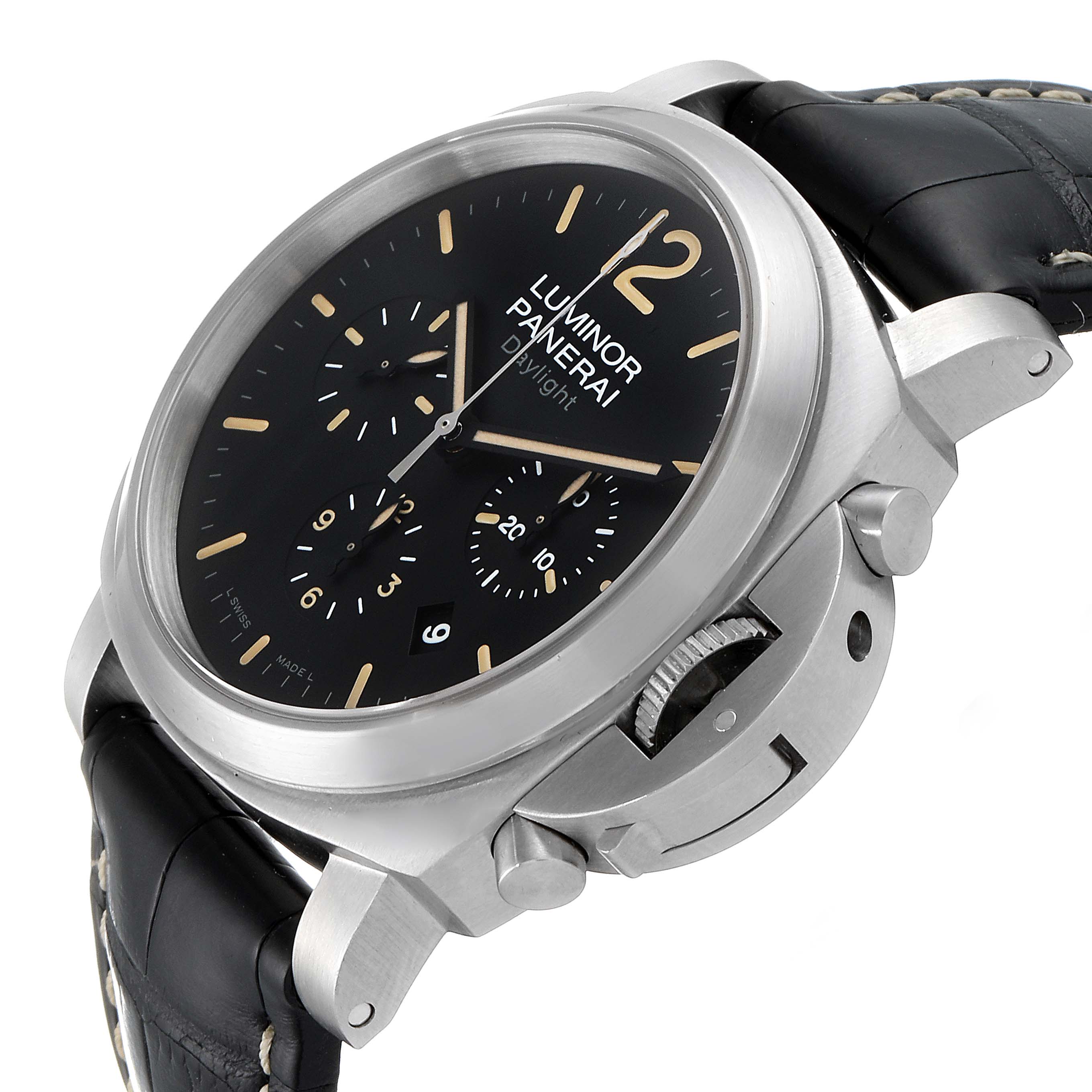 The image shows a Panerai Luminor PAM00356 Men's Stainless Steel Black Dial PAM00356 Men's Stainless Steel Black Dial watch at an angled side view, highlighting the case, dial, crown guard, and strap.