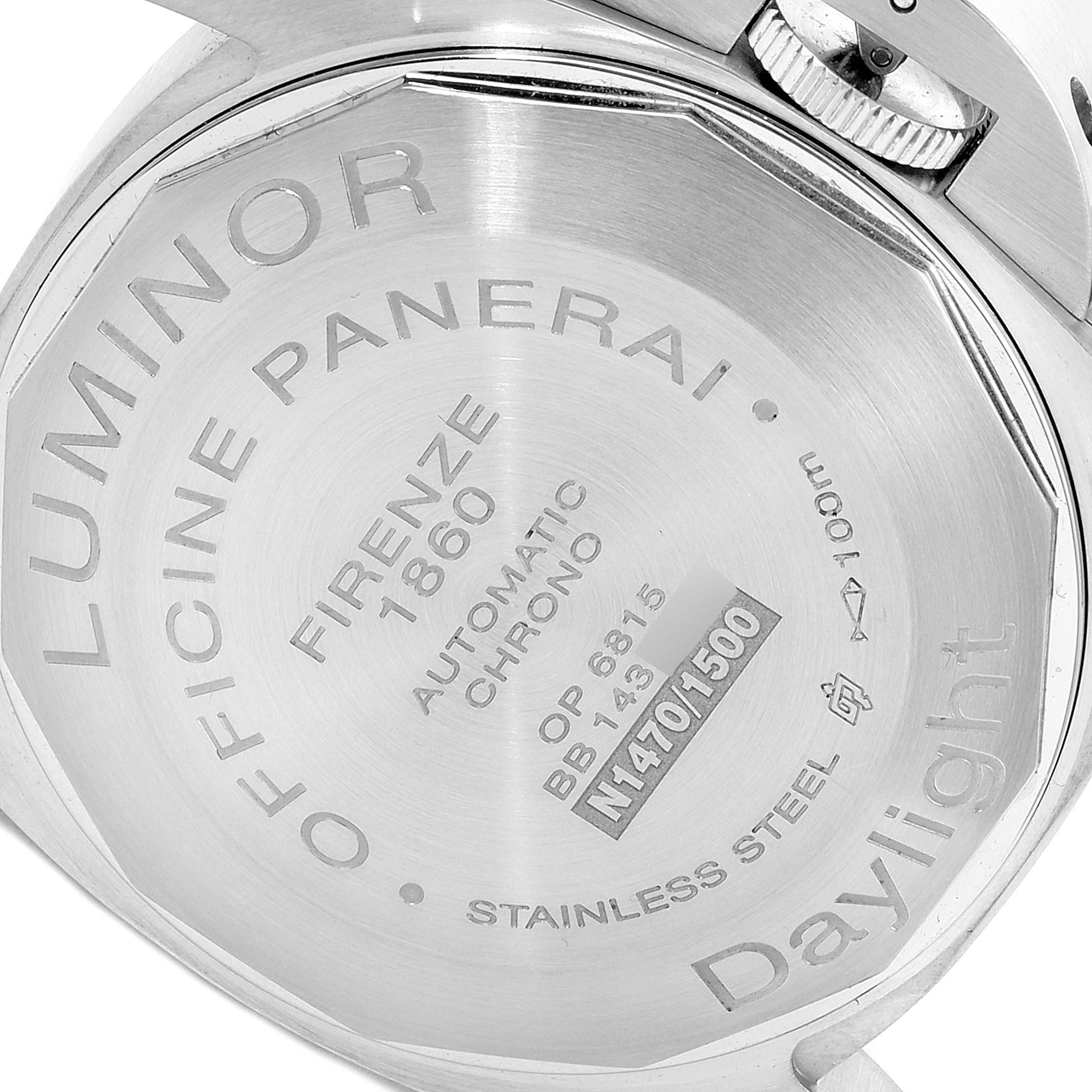 The image shows the back case of a Panerai Luminor PAM00356 Men's Stainless Steel Black Dial PAM00356 Men's Stainless Steel Black Dial watch, highlighting the engraved details and brand markings.