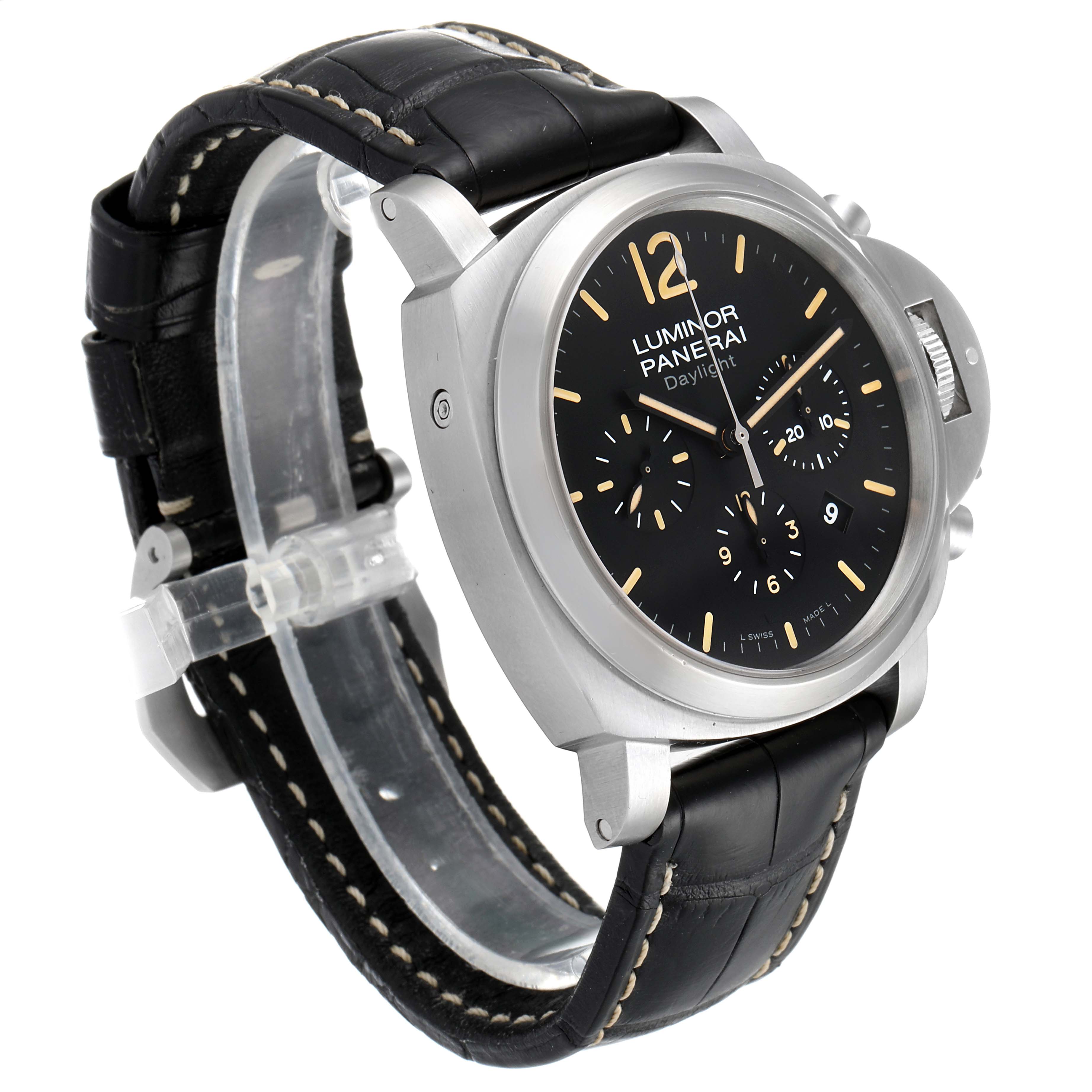 The image shows a Panerai Luminor PAM00356 Men's Stainless Steel Black Dial PAM00356 Men's Stainless Steel Black Dial watch at a front angle, highlighting the dial, bezel, strap, and crown guard.