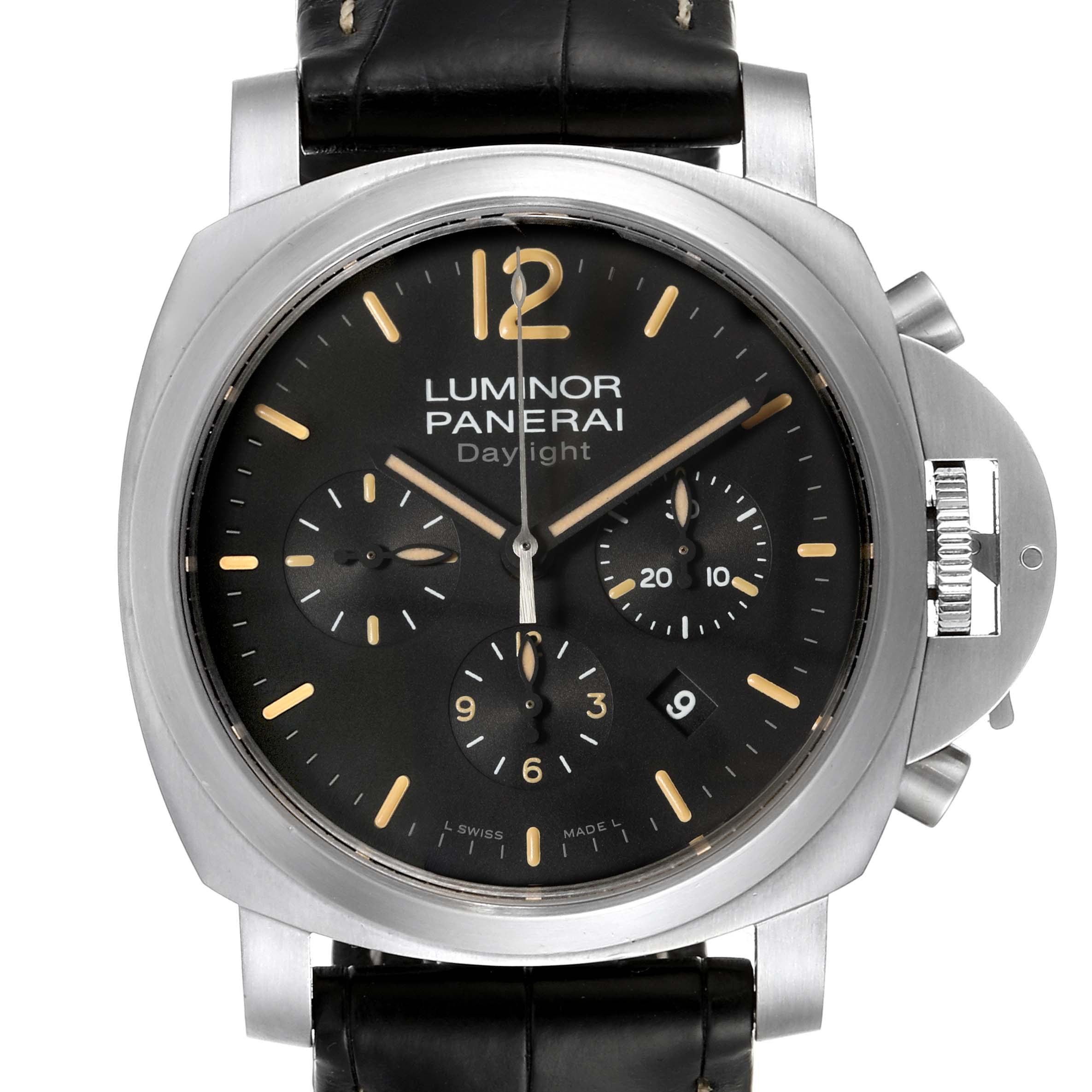 This image shows a front view of a Panerai Luminor PAM00356 Men's Stainless Steel Black Dial PAM00356 Men's Stainless Steel Black Dial watch, detailing its black dial, subdials, and leather strap.