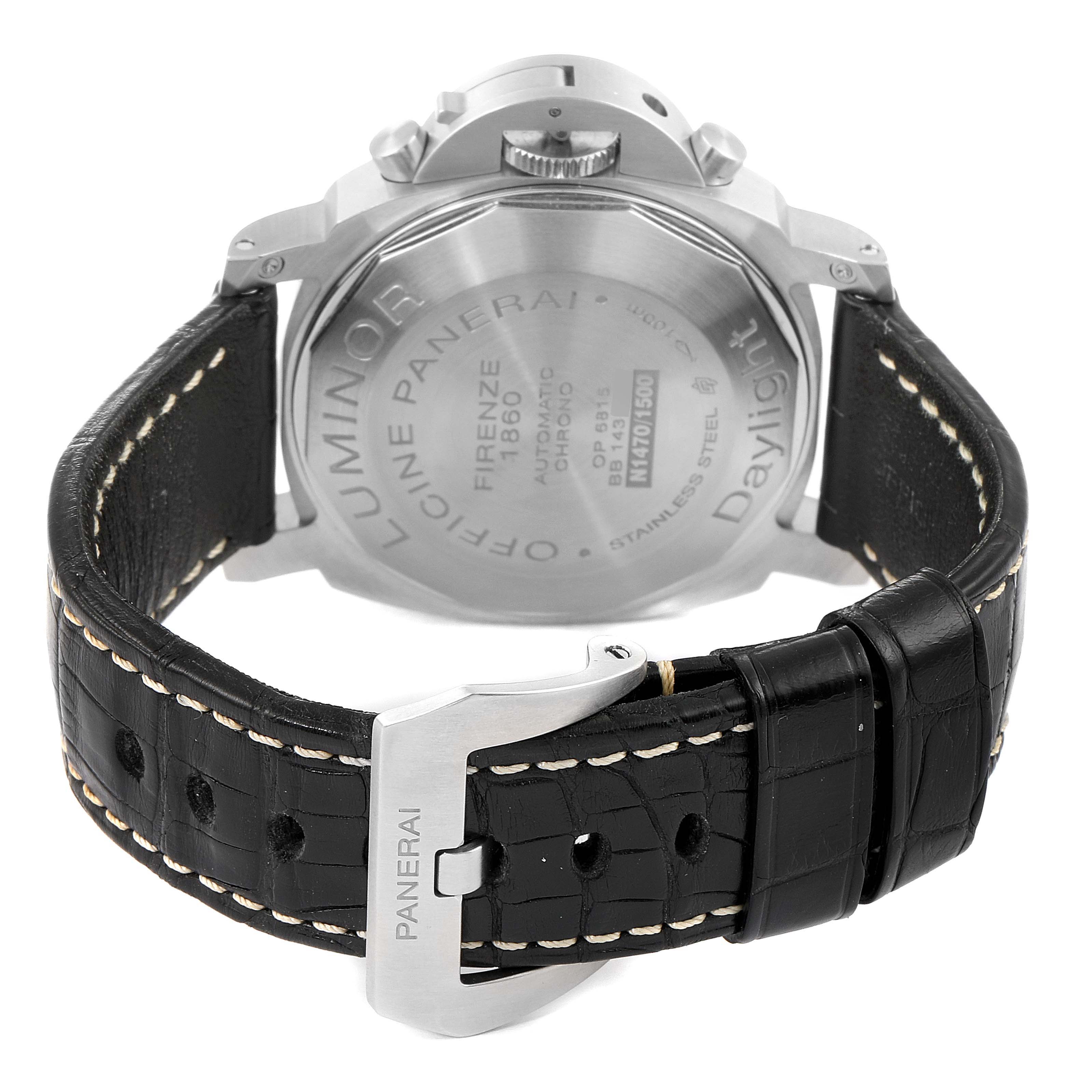 The image shows the back case and the black leather strap with a buckle of the Panerai Luminor PAM00356 Men's Stainless Steel Black Dial PAM00356 Men's Stainless Steel Black Dial watch model.