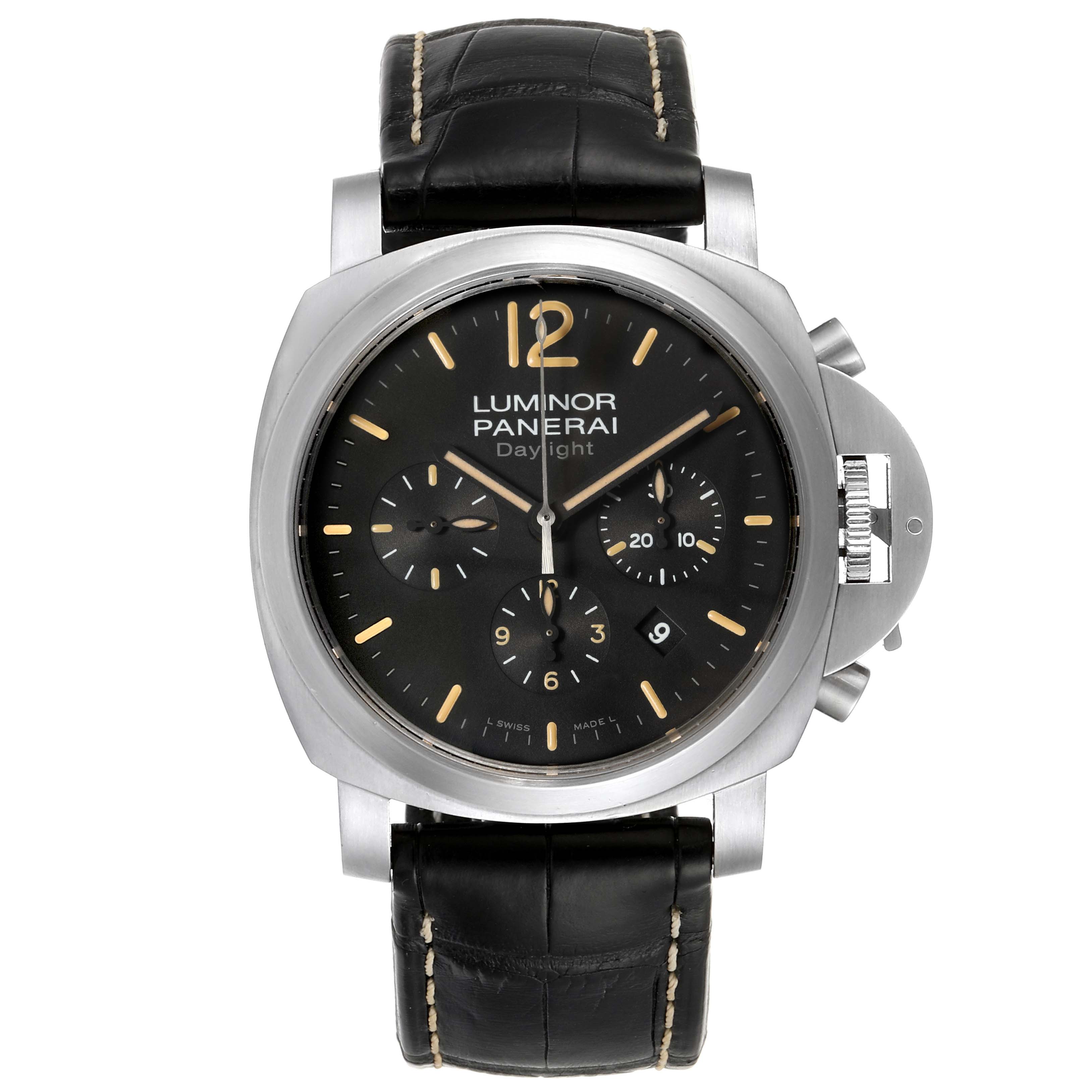 This Panerai Luminor PAM00356 Men's Stainless Steel Black Dial PAM00356 Men's Stainless Steel Black Dial watch is shown from the front, displaying the dial, chronograph subdials, case, and leather strap.