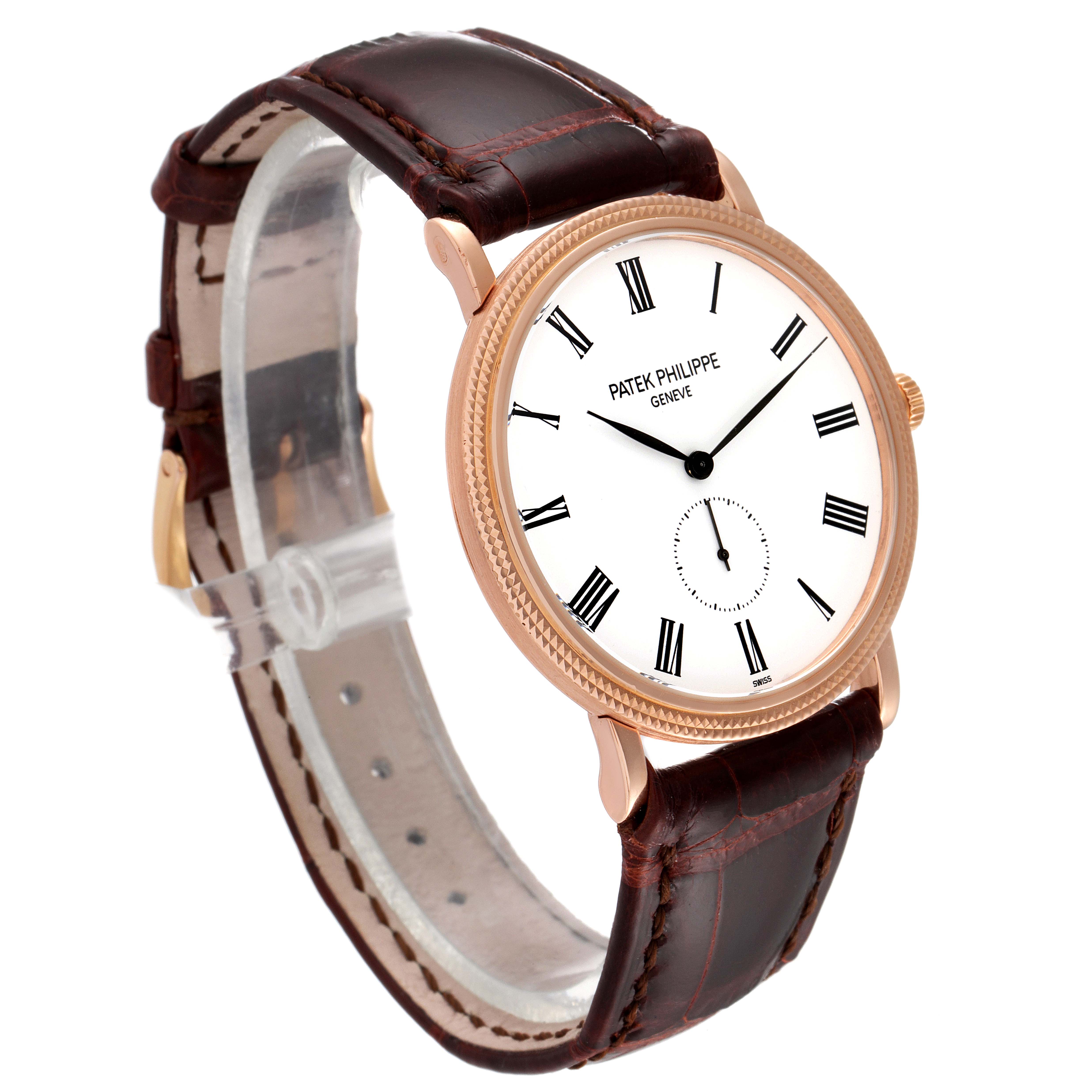 The image shows a Patek Philippe Calatrava 5119R Men's Rose Gold White Dial 5119R Men's Rose Gold White Dial watch at an angled side view, displaying its face, strap, and crown.