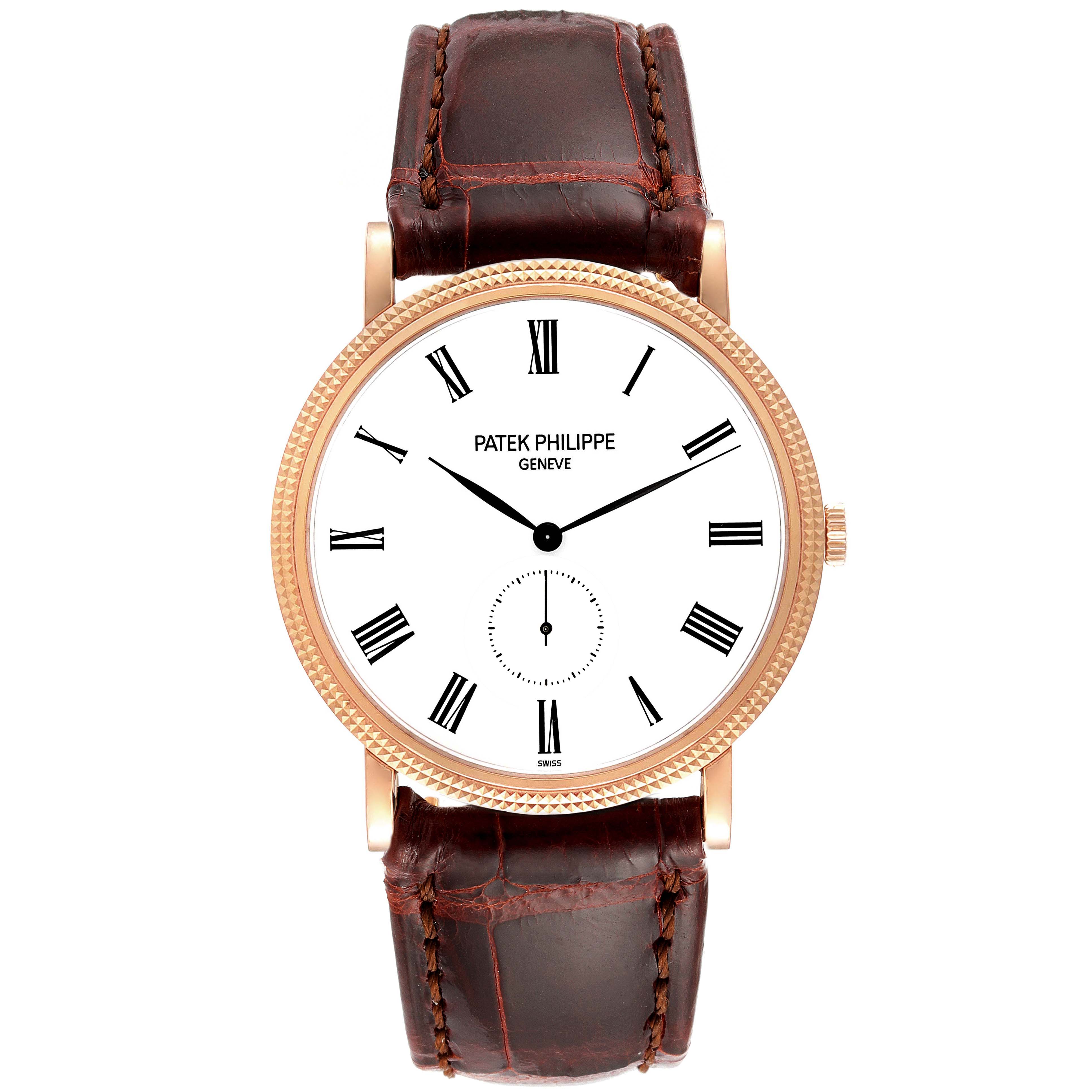 This is a front view of the Patek Philippe Calatrava 5119R Men's Rose Gold White Dial 5119R Men's Rose Gold White Dial watch, showcasing its dial, bezel, and leather strap.