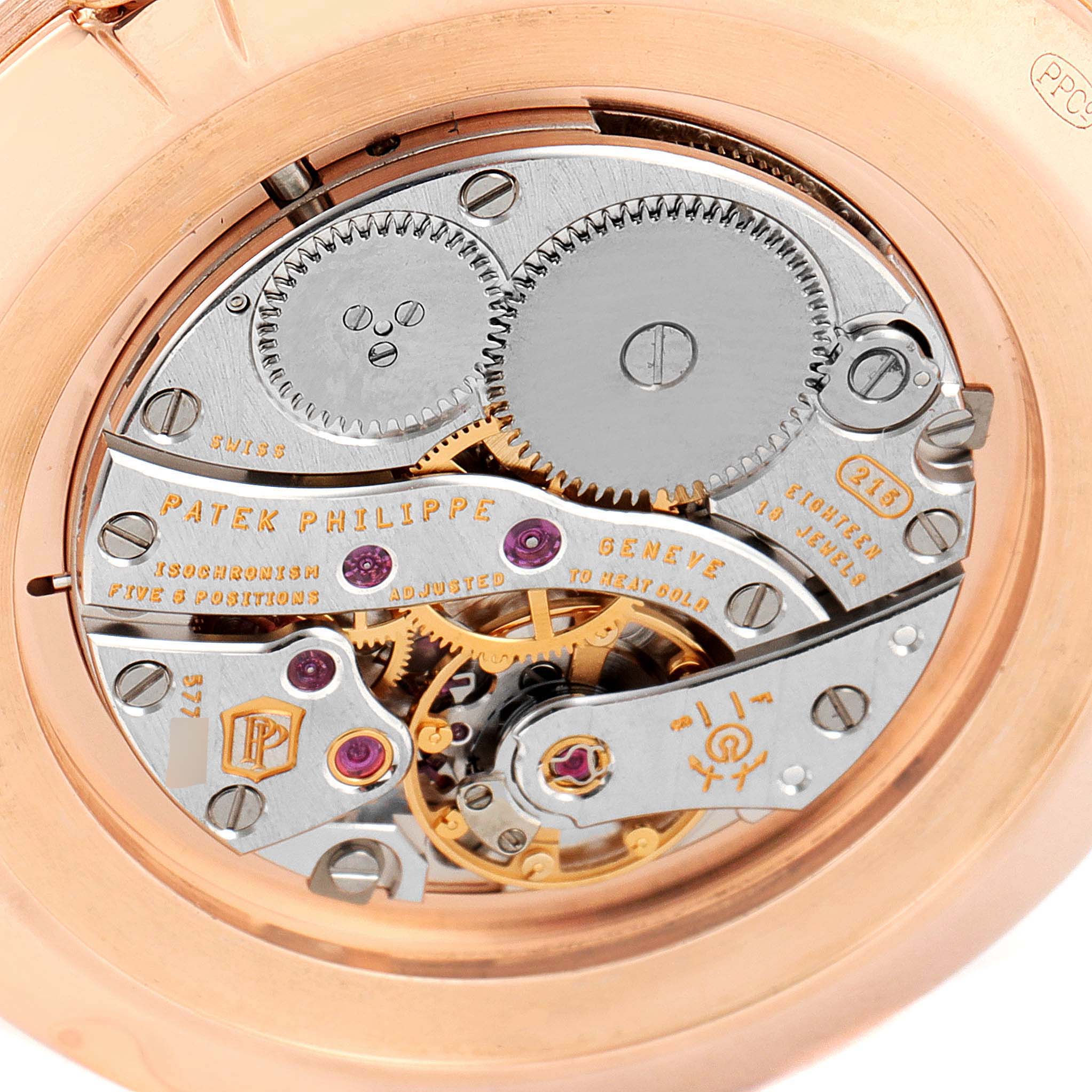 This image shows a close-up view of the movement mechanism inside a Patek Philippe Calatrava 5119R Men's Rose Gold White Dial 5119R Men's Rose Gold White Dial watch.