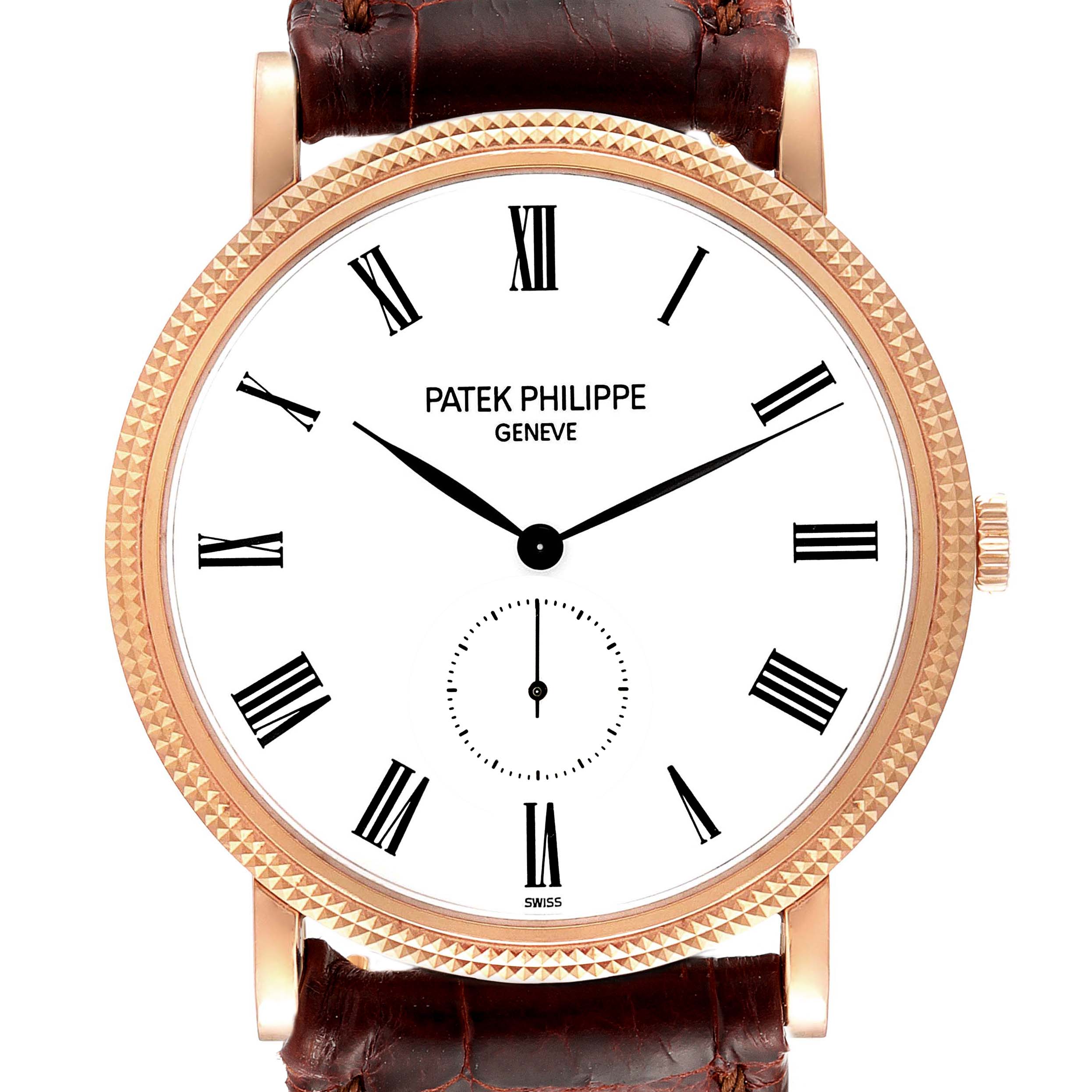 This image shows a front view of the Patek Philippe Calatrava 5119R Men's Rose Gold White Dial 5119R Men's Rose Gold White Dial watch, highlighting the dial, hands, and part of the strap.