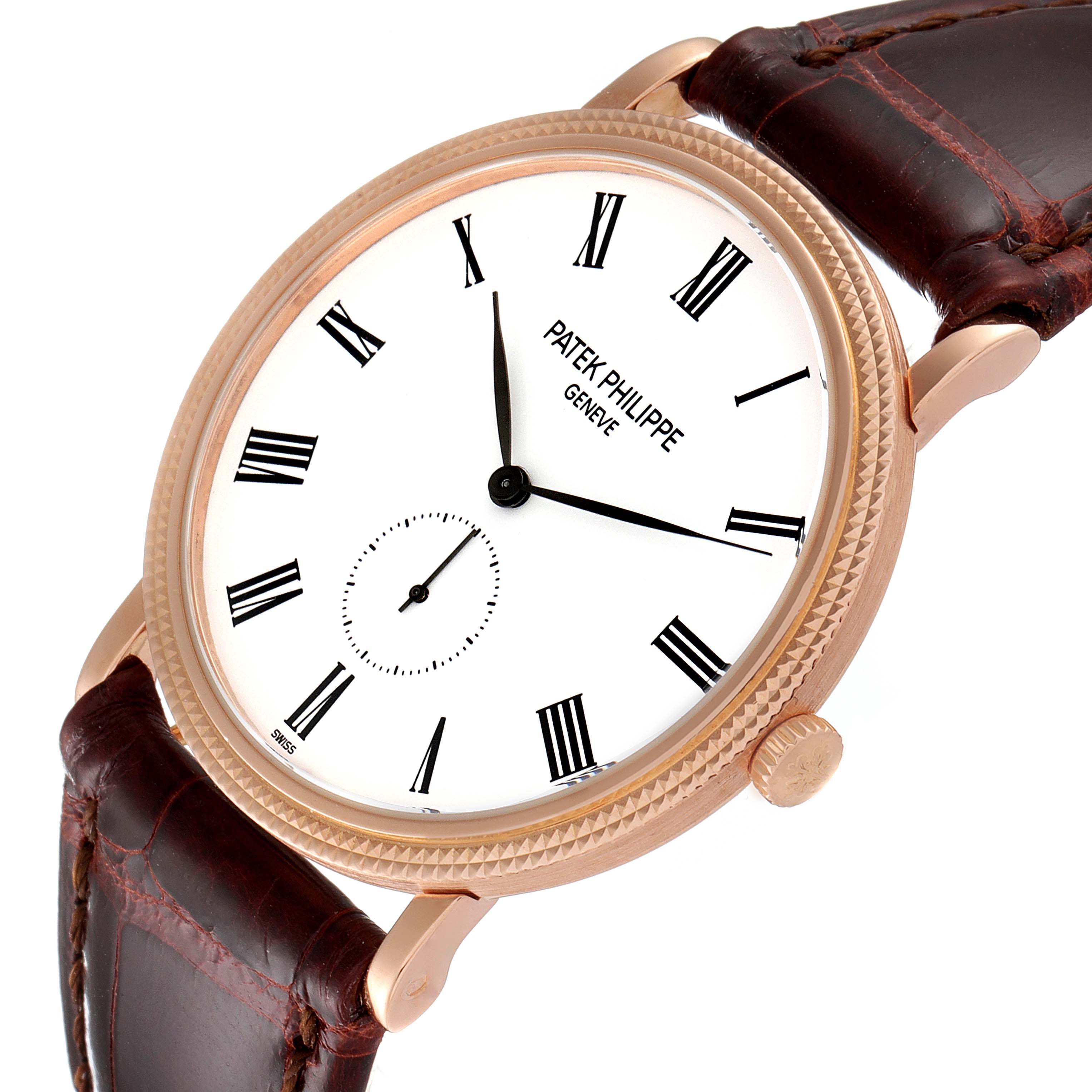 This image shows the front and part of the strap of a Patek Philippe Calatrava 5119R Men's Rose Gold White Dial 5119R Men's Rose Gold White Dial watch at a slight angle.