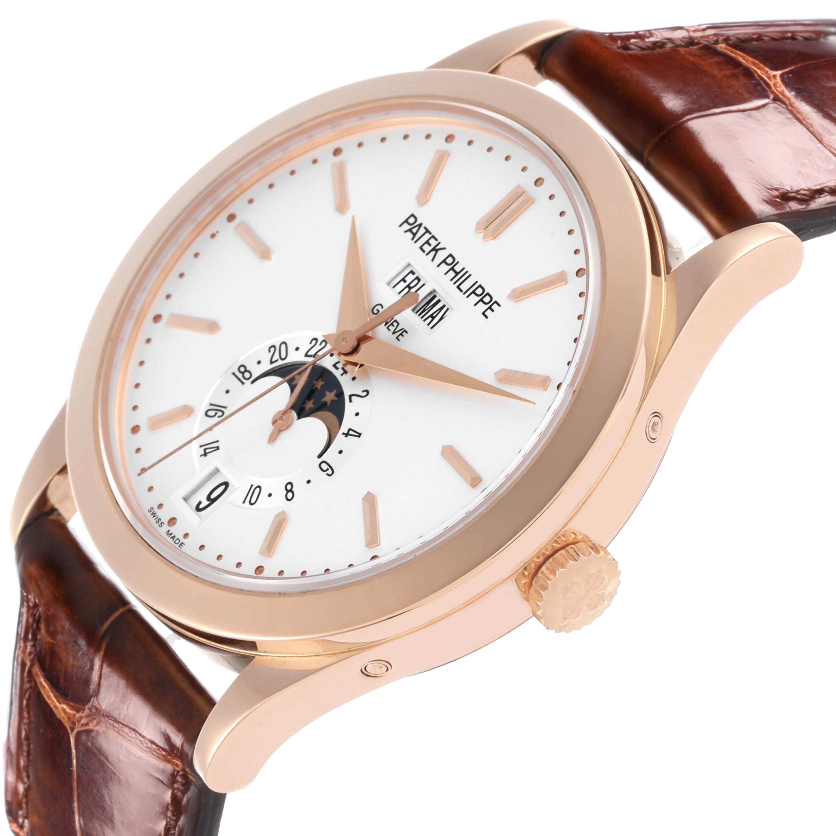 The Patek Philippe Complications 5396R-011 Men
s Rose Gold Silver Dial 5396R-011 Men
s Rose Gold Silver Dial watch is shown from a side angle, highlighting the face, crown, and leather strap.