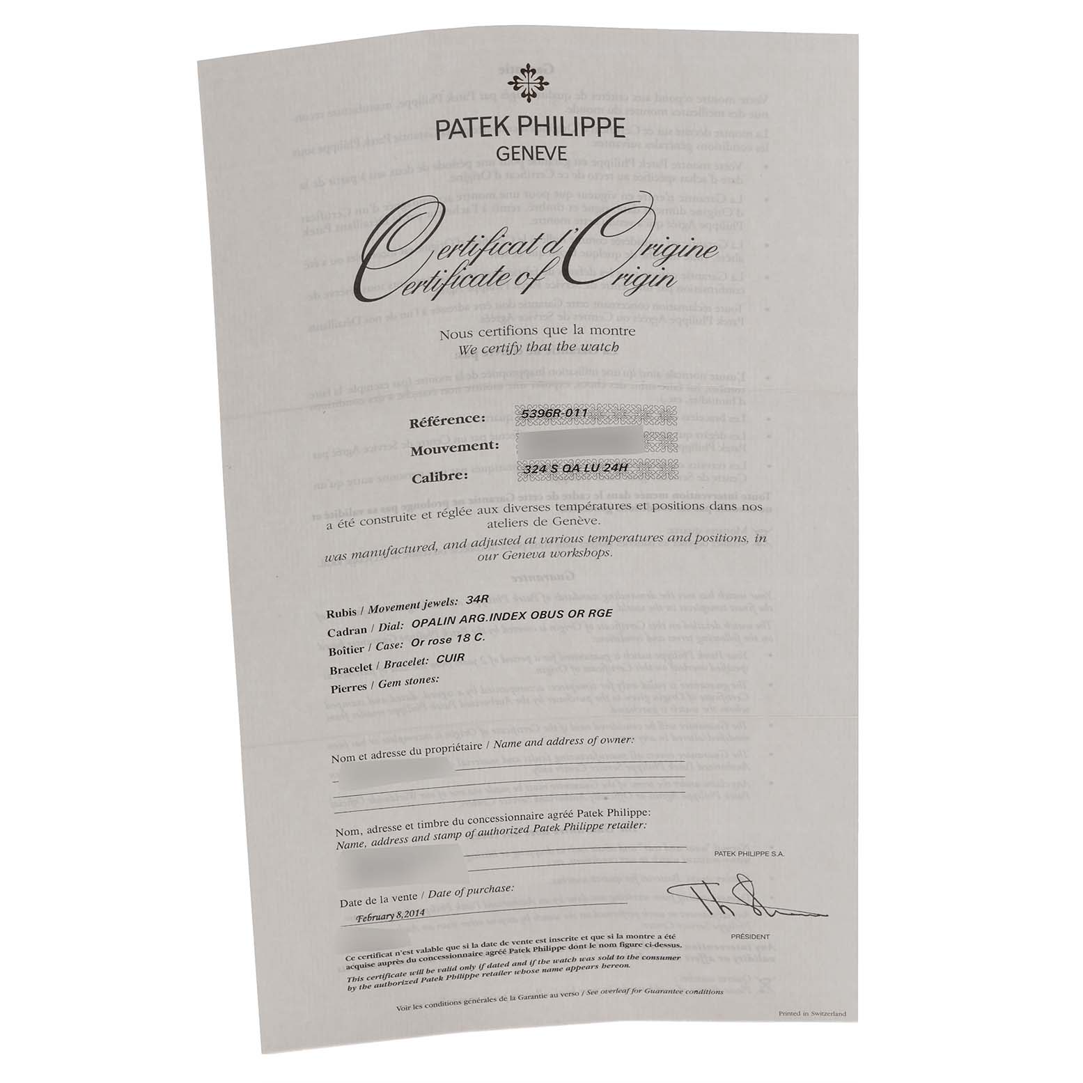 The image shows a Certificate of Origin for the Patek Philippe Complications 5396R-011 Men
s Rose Gold Silver Dial 5396R-011 Men
s Rose Gold Silver Dial model.