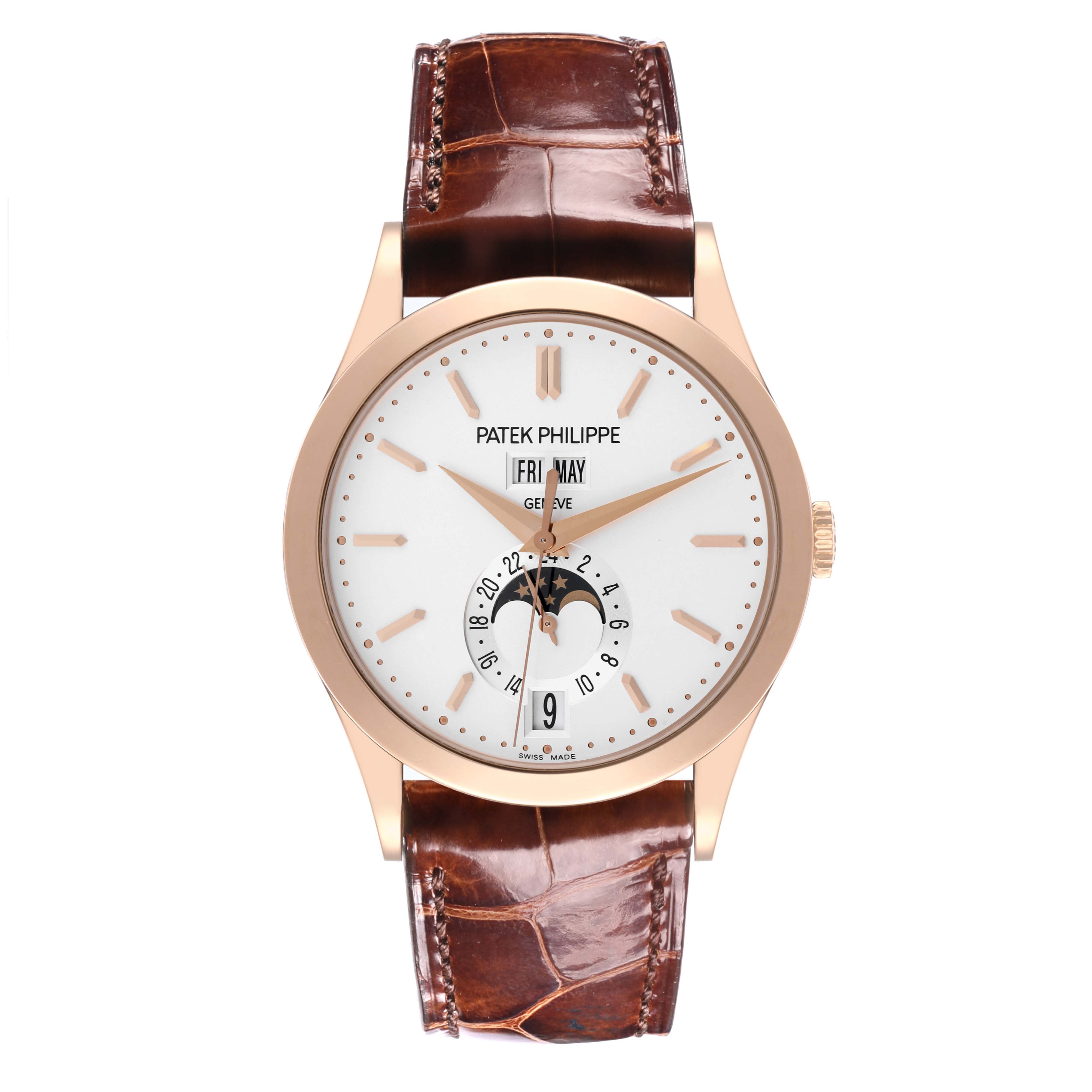 The Patek Philippe Complications 5396R-011 Men
s Rose Gold Silver Dial 5396R-011 Men
s Rose Gold Silver Dial watch is shown from a front angle, highlighting its dial, hands, complications, and leather strap.