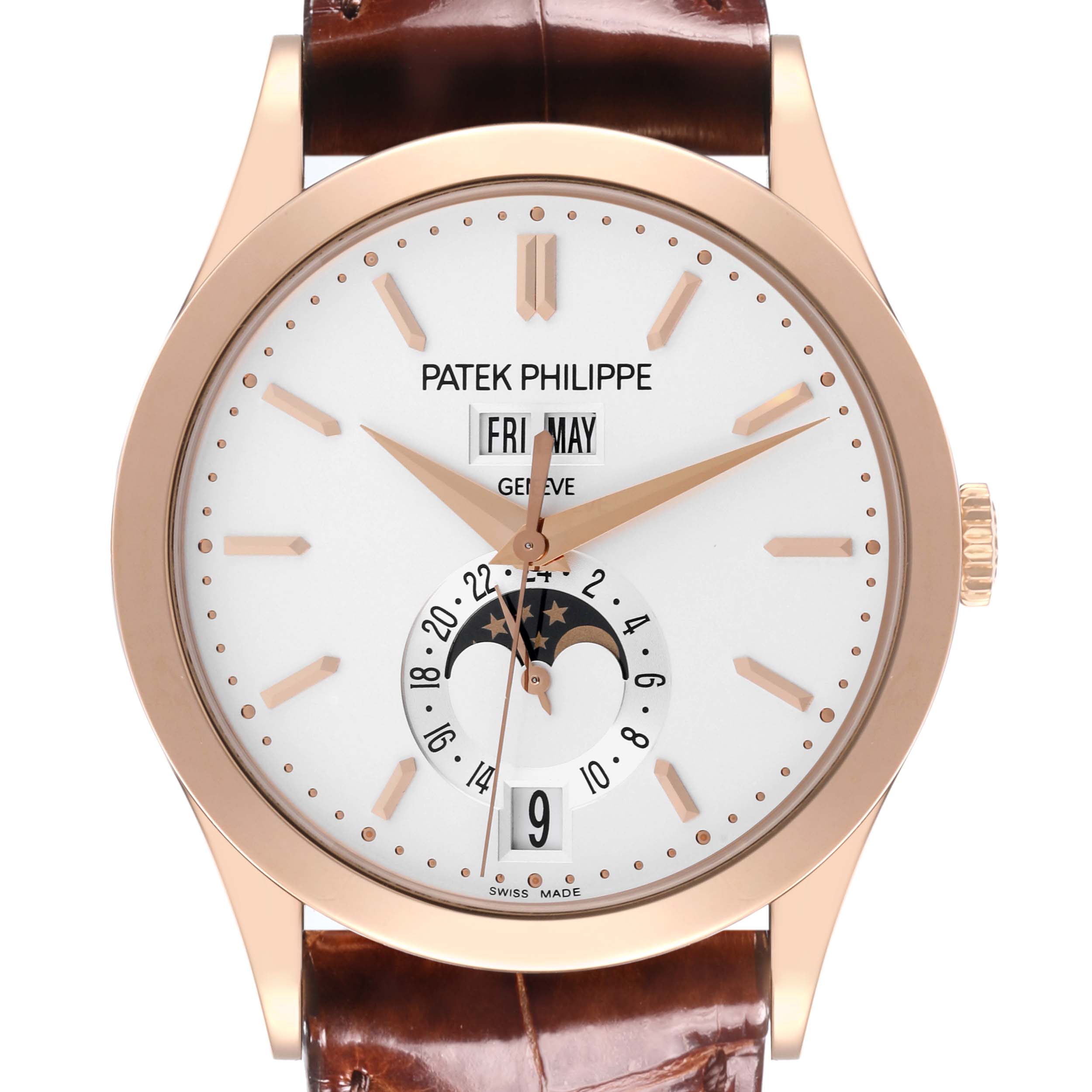The Patek Philippe Complications 5396R-011 Men
s Rose Gold Silver Dial 5396R-011 Men
s Rose Gold Silver Dial watch is shown from a front angle, displaying the face, hands, date, moon phase, and strap.