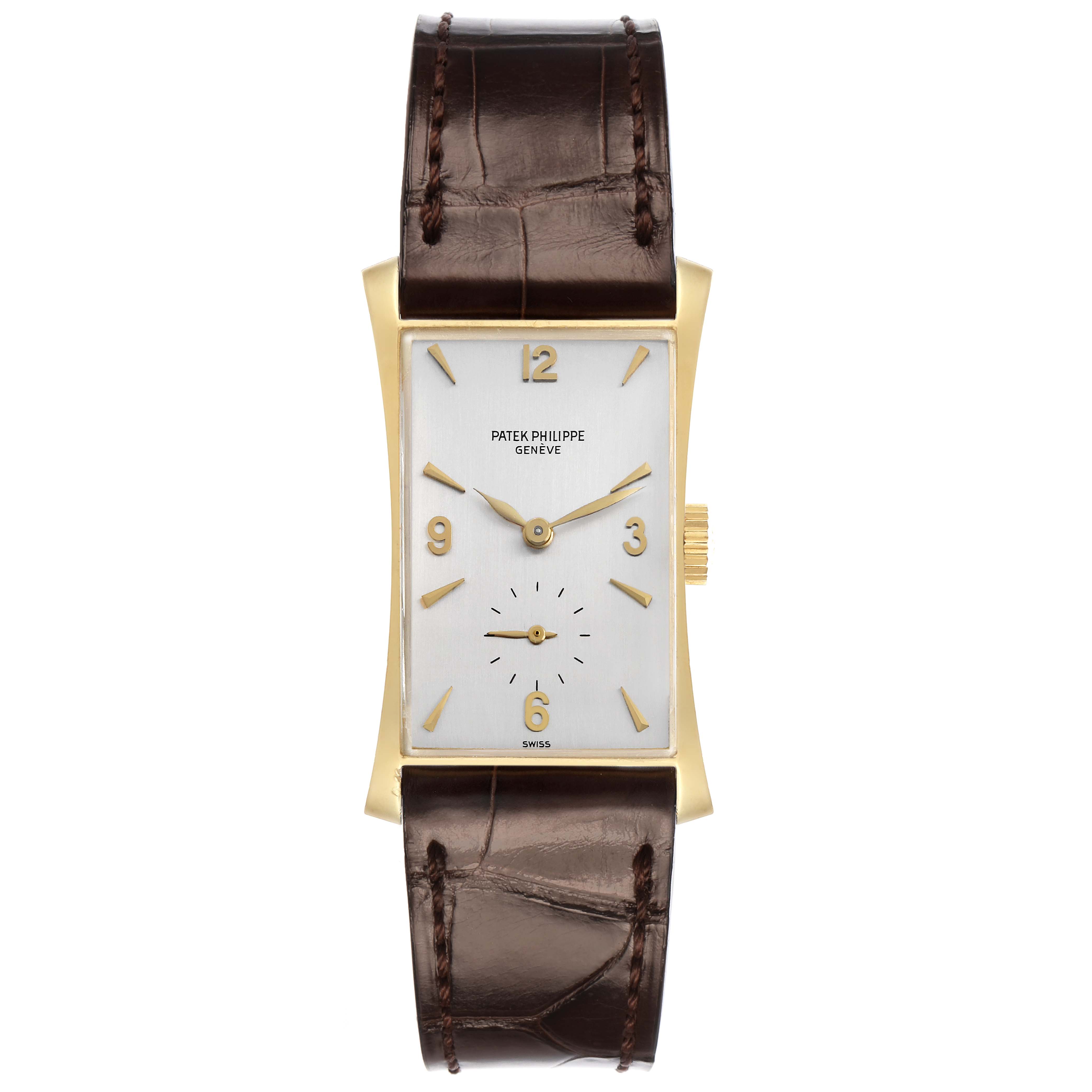 The Patek Philippe Vintage 1593 Men's Yellow Gold Silver Dial model is shown from a top view, displaying the rectangular face, gold case, and brown leather strap.